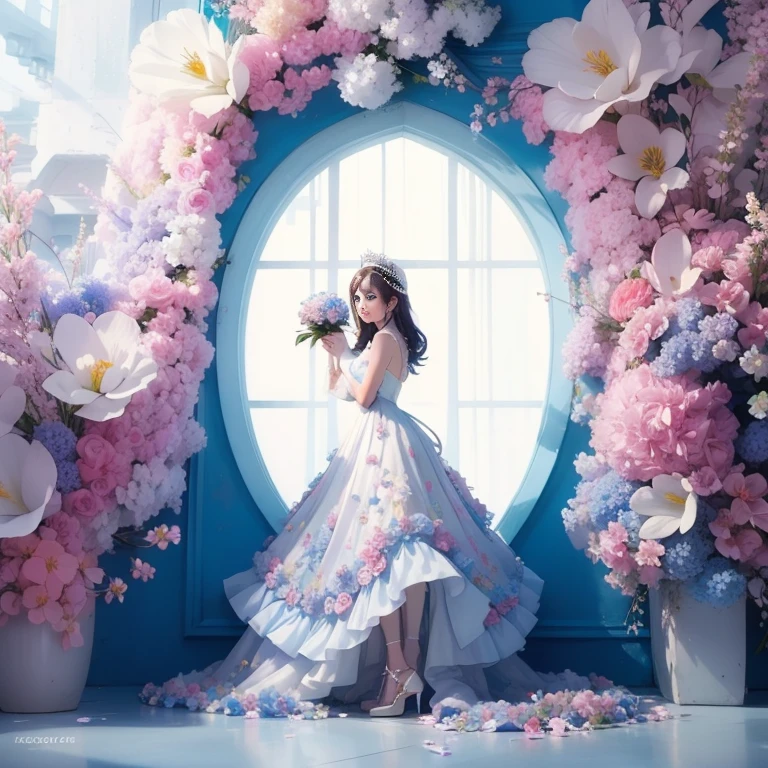 arafed woman in a white dress standing in front of a blue wall with flowers, girl in flowers, lady with glowing flowers dress, woman in flowers, the girl made out of flowers, fine art fashion photography, flower dress, fashion photography, queen of flowers, blue and pink colors, floral couture, fashion photograhy, floral painted backdrop,A model girl in a Gorgeous salon with a huge white dress with white and pink and blue petals all over it, flowers wall and window,lilith, diablo,upper body,zoom out