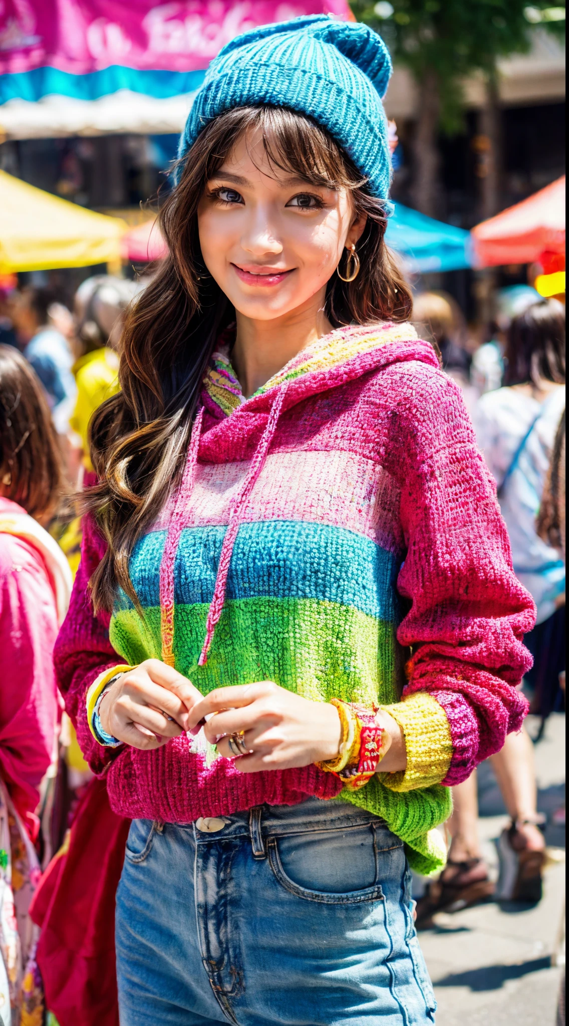 (Ultra-detailed eyes), (((textile shading))), (((Best Quality))), (((masterpiece))), (((Ultra-detailed CG))), sassy girl, (((magical little girl))), (Petite), (tiny chest), black hair without bangs, ((fresh and cute hairstyles, gorgeous hair)), Fresh Colorful Fashion Feast, Fresh Colorful Fashion Feast outfit, vibrant Fresh Colorful Fashion Feast scene, Fresh Colorful Fashion Feast, Fresh Colorful Fashion Feast ambiance, Fresh Colorful Fashion Feast at street:0.2 Fresh Colorful Fashion Feast image of a women Fresh Colorful Fashion Feast outfit, immersed in the vibrant atmosphere of a street. His attire reflects the fashion trends of the Fresh Colorful Fashion Feast. The Fresh Colorful Fashion Feast street scene  alive with pulsating lights, a lively colorful street, The Fresh Colorful Fashion Feast ambiance transports viewers back to the Fresh and Colorful era, capturing the spirit of fresh and colorful, and self-expression that defined the Fresh Colorful Fashion Feast culture. fashion game was on point, showcasing a delightful touch of vintage by combining an Alanui graphmbroidered hoodie with kobbit ear-flap knitted hat.