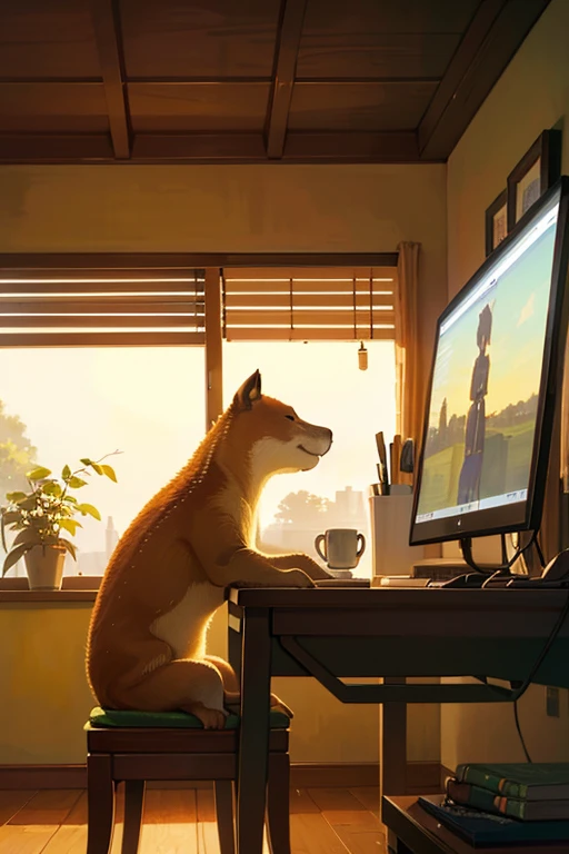 A capybara sits on a chair in front of a computer desk, Facing an Apple laptop, The eyes narrowed into a line, There a cup of hot coffee smoking on the table, The painting style warm, Capybara should be cute, chubbiness, film grain, from side, UHD