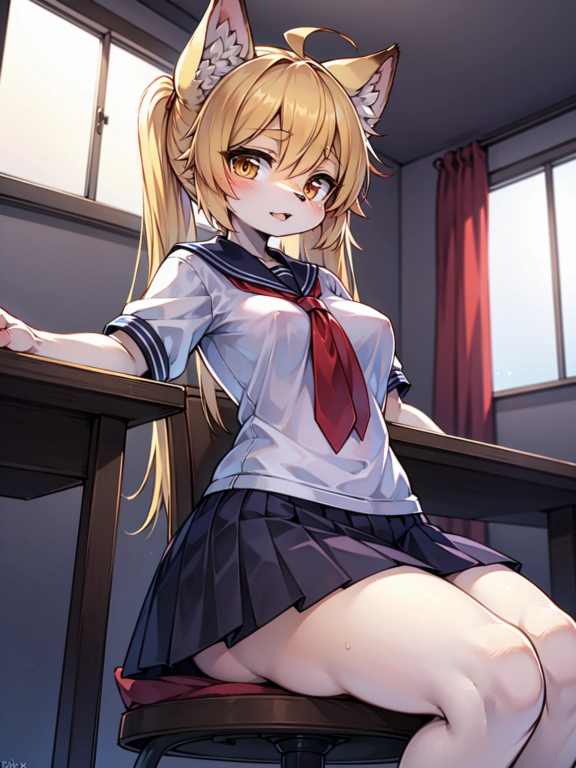 (extremely detailed CG unity 8k wallpaper,masterpiece, best quality, ultra-detailed),school classroom setting,sunlight filtering through trees,beautiful blonde high school girl with twintails and ahoge(D-cup),smartphone in hand,fidgeting with it,beautiful black-haired high school girl,thin and flat-chested, wearing sailor uniform,sitting on chair and having conversation with blonde girl who is sitting on desk,in the evening.