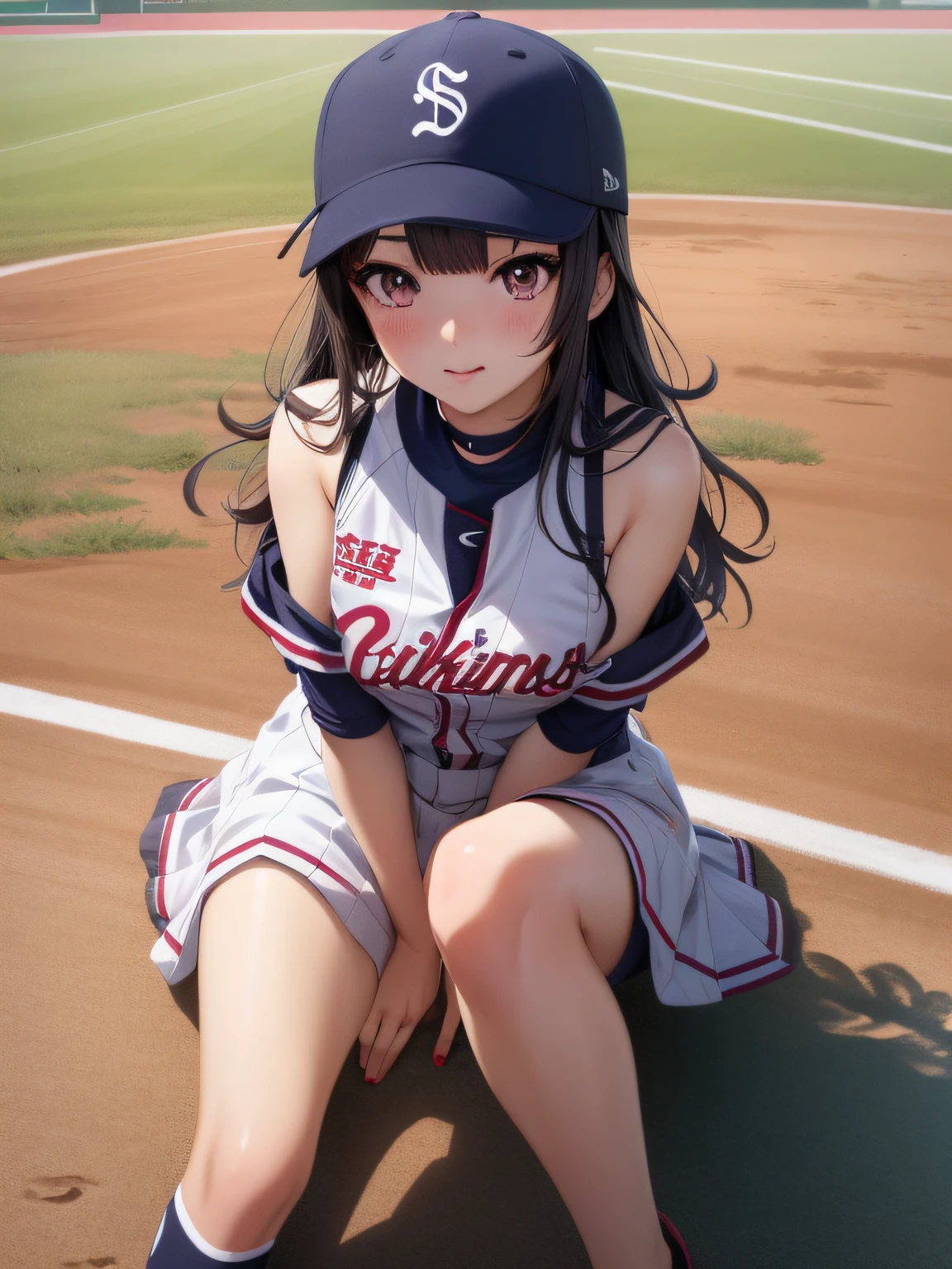 Anime girl in uniform kneeling on a baseball field with a ball, Ilya Kuvshinov. 4 k, marin kitagawa fanart, Crouching anime girl, beautiful anime girl squatting, ( Ilya Kuvshinov ), ilya kuvshinov style, realistic anime 3 d style, Anime style. 8K, Anime visuals of cute girls, Seductive Anime Girl
