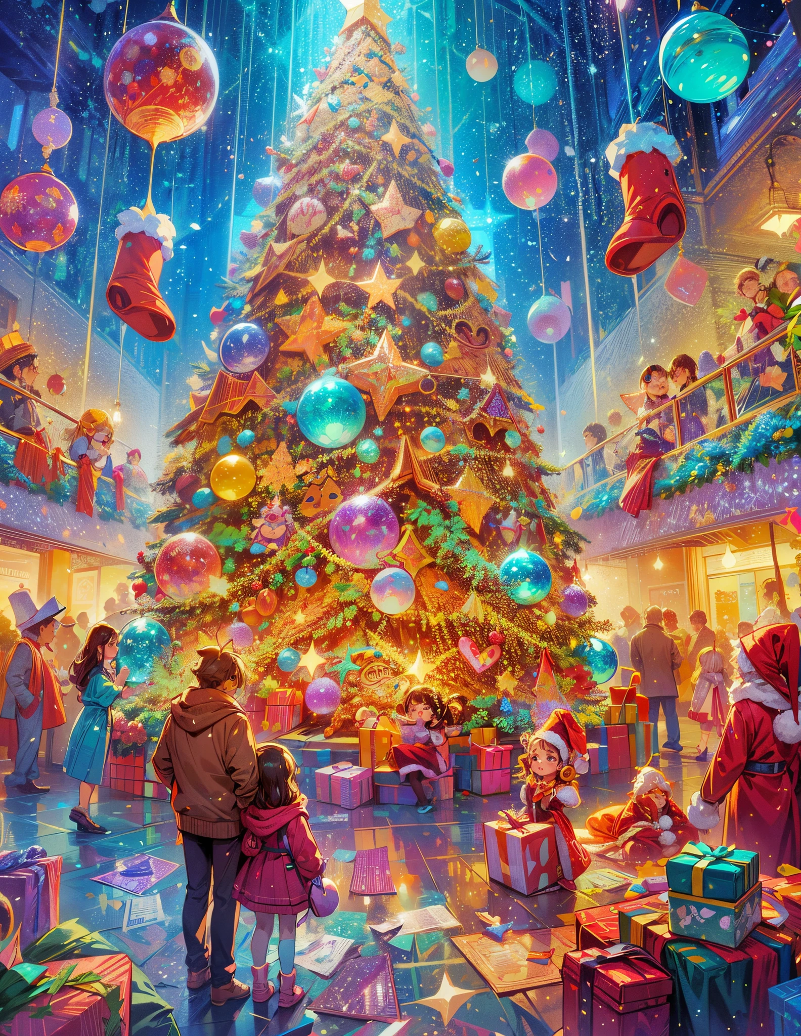 (((Vector illustration style))),Vibrant colors, magical ambiance, Whimsical, Sparkling, Fantasy Christmas World,vibrant with colors, vivd colour, Magical atmosphere, Whimsical, Sparkling,Fantasy Christmas World,Inside the Christmas mall,The huge Christmas tree hung with lights、pompon、Christmas socks,Christmas pendants,Piles of gifts placed under the tree。A young couple and a child admire the Christmas decorations in the mall,Surrounded by performers in Santa Claus costumes and Santa Claus statues。The Christmas mall like a fairy tale world,full of magic, (Ghibli-like colours, pov, first-person view, UHD, masterpiece, ccurate, anatomically correct, super detail, high details, high quality, award winning, best quality, 8k)