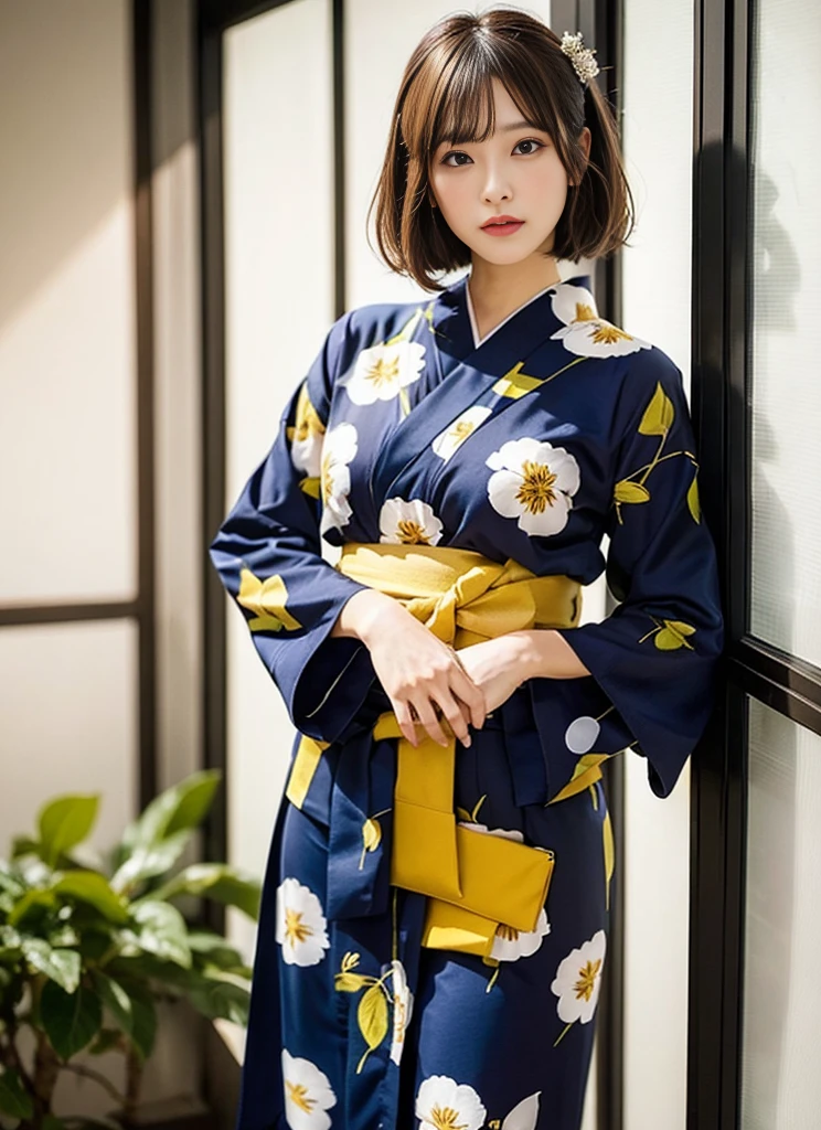 masutepiece, Yukata、amarelo、Best Quality, finely detail, hight resolution, 8K Wallpaper,Medium Hair,Natural Color Lip、20 years girl、Cute、C Cup、Brown hair