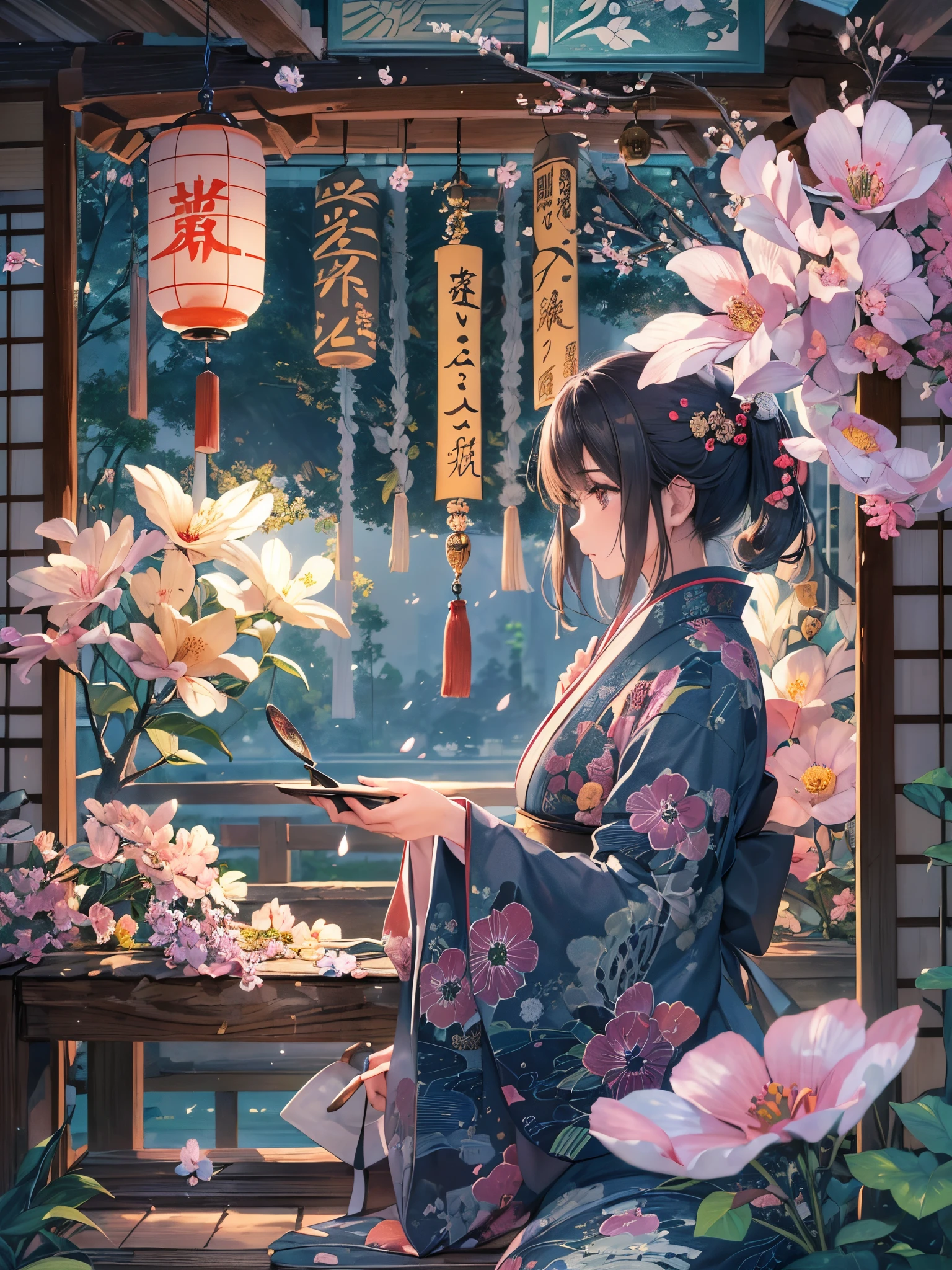((Finest quality)),(超A high resolution),(ultra-detailliert),(Meticulous portrayal),((Best Anime)),(Finest works of art),(Ultra-Precision Art),(The art of astounding depiction,Overwhelming depiction:1.5),(Complex and detailed Japanese art:1.6), (女性1人:1.5),(Very neat and beautiful face:1.6),Yukata:1.6, Summer Night Sky,wind chime,morning glory,curtain,Old electric fan,traditional Japanese room