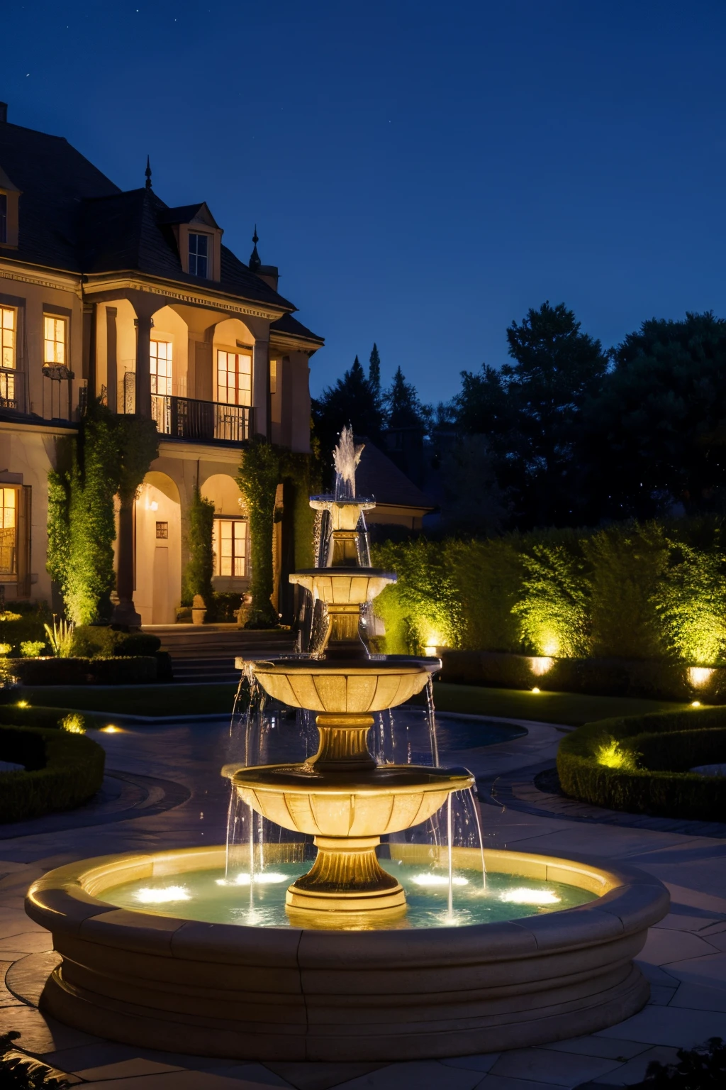 European style fountain,Night view of mansion,courtyard,Night light,Greenery