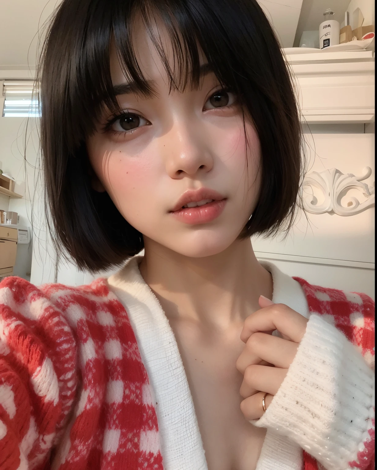 a closeup of a woman wearing a red and white sweater, ulzzang, con el pelo corto, Wan adorable cara coreana, Hermosa mujer surcoreana, Chica coreana, Peinado blanco de corte hime, con pelo corto con flequillo, Joven y adorable rostro coreano, Korean symmetrical face, Ella tiene el pelo negro con flequillo, young cute wan asian face, Hermosa joven coreana