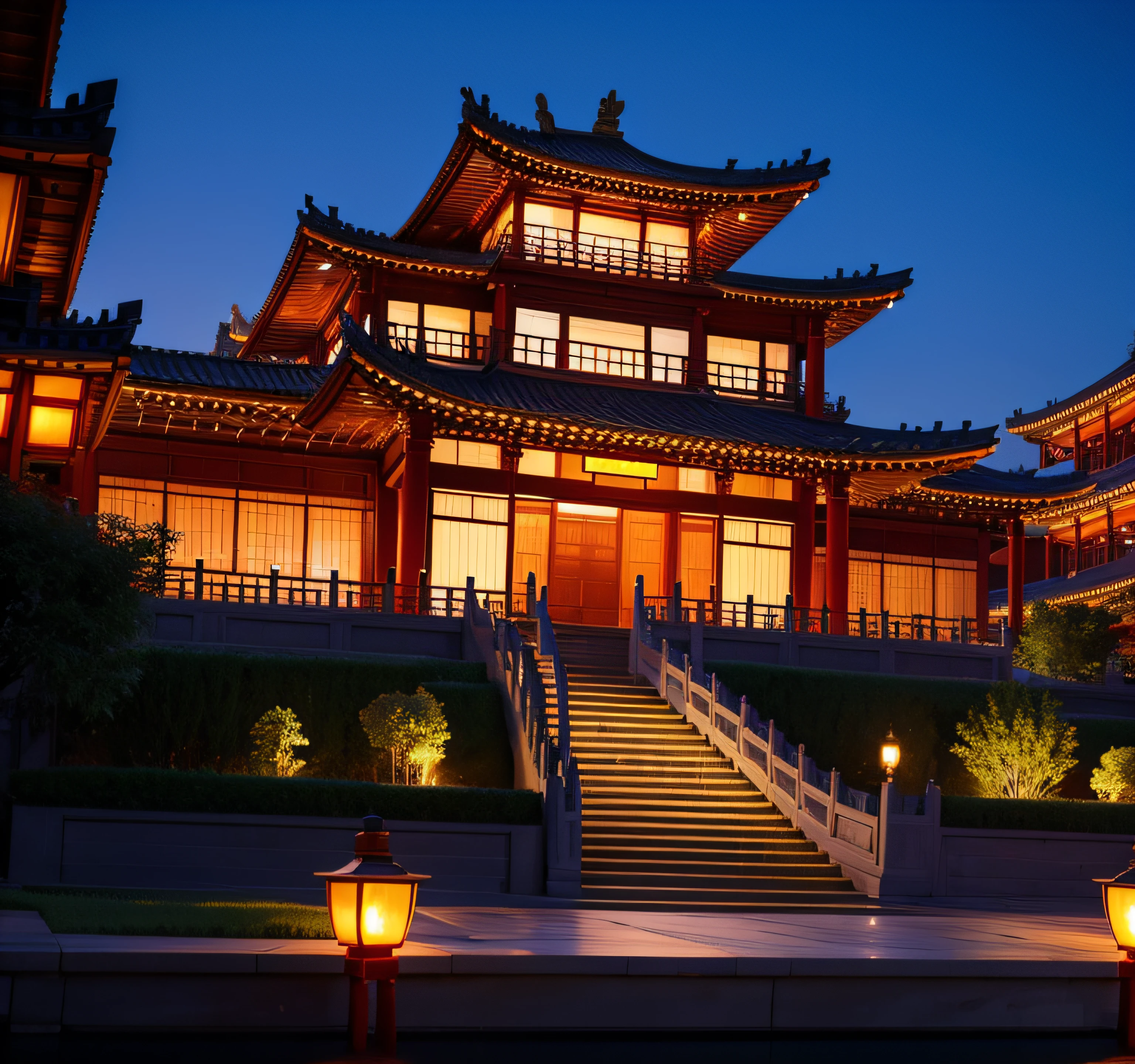 New Chinese style building,Look up at the perspective,nighttime scene,lamplight,bldrnrst。