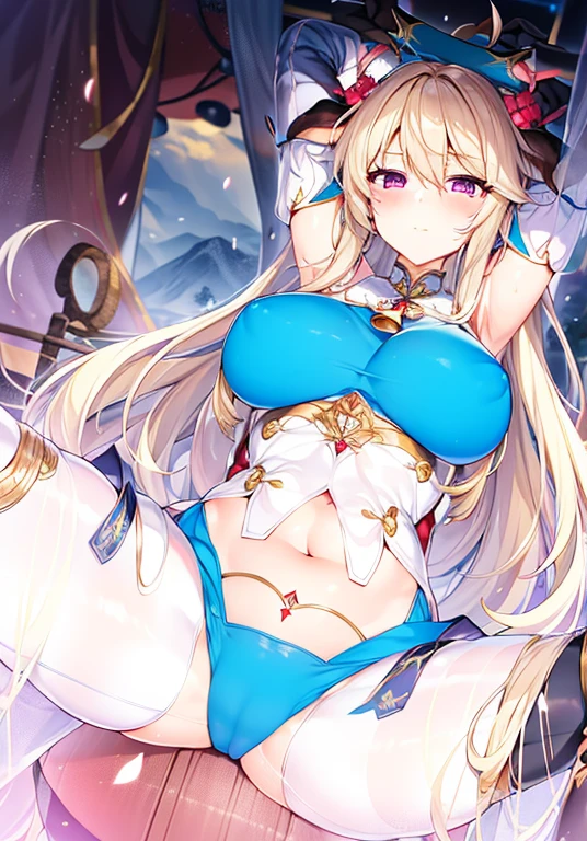 tmasterpiece, Best quality at best, employment \(genshin impact\), Varr, 1个Giant Breast Girl, Alone, , long whitr hair, horn, Blue hair, mitts, looking at viewert, separated sleeves, ahoge, bell, of shoulders, a purple eye, Black gloves, medium, tightsuit, imagining (genshin impact), By bangs, Small thighs, Covered with , Gold trim, Outdoor activities, tights under clothes, nipple tassels, Permanent, Be red in the face, Neckbells, Tights, the bow, upper legs, White sleeves, The tree, lacepantyhose, side locks, low ponytail, Jumpsuits, flower knot, black reotard, Chinese knot, daysies, pelvis curtain, ssmile, groin, cow boy shot, Skysky, Open, ventania, cowbell, blue-sky, longer sleeves, black pantyhoses, hair between eye, ropes, Very long hair, goat horn