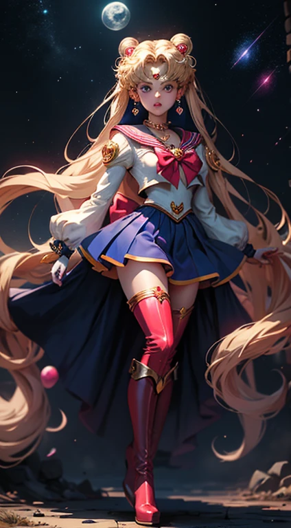 Masterpiece, best quality, (1 girl), super sailor moon, cowboy lens, night sky, moonlight, night, white gloves, blue eyes, galaxy background, multicolored clothes, senishi sailor uniform, multicolored skirt, hair ornament, red bow, brooch, heart brooch, earrings, crescent, heart necklace, heart, very long hair, crescent moon earrings, tiara, yellow necklace, boots,  knee boots, red shoes, long legs.