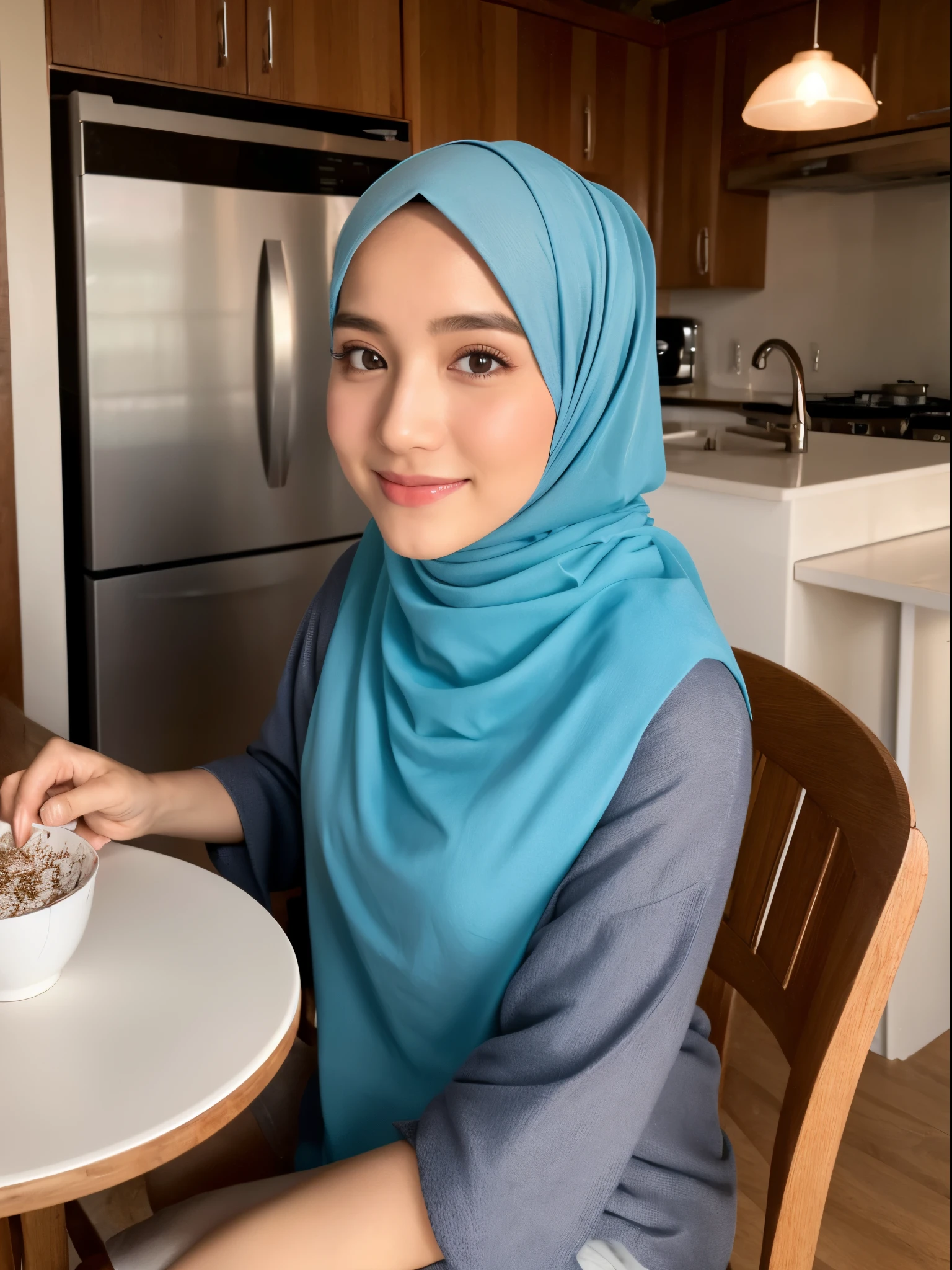 (Pixar style poster of a cute girl with hijab seen from the front in a white chef's uniform, smiling and showing a decorated medium cake. Playful face, (with brown curly hair, young and delicate skin, small chin, short chin. Laughing expression, Exaggerated expression , (Perfect correct hand) ,(smoke gas: 1.37) cinematic background of the interior of a confectionery shop, high-quality photos, 3D studio photos, (a lot of smoke: 1.2), close-up photography, traces clear facial features, character concept art, exaggeration,