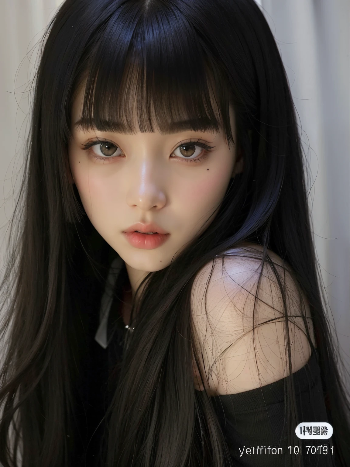 a close up of a woman with long black hair and a white shirt, cruel korean goth girl, she has black hair with bangs, with long hair and piercing eyes, ulzzang, black hime cut hair, pale goth beauty, long black hair with bangs, black hair and large eyes, hair blackbangs hair, white hime cut hairstyle, long dark hair with bangs