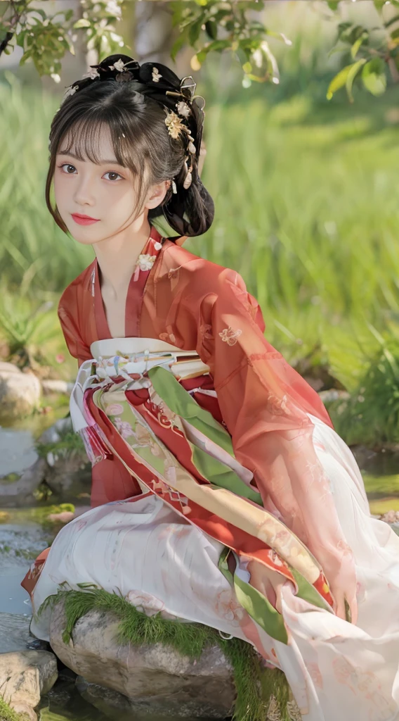 Best quality,tmasterpiece,超A high resolution,(realistically:1.4),8K Raw photograph, A high resolution,Ancient Chinese red Hanfu,Beautiful pattern,beautiful eyes in detail, long eyelasher, RAW photos, face to the viewer, Upper part of the body, Close-up shot, ((( scenery background))),(((1 Sister))),独奏,Upper body smile,heads,low pitch, Beautiful hairstyle,No action