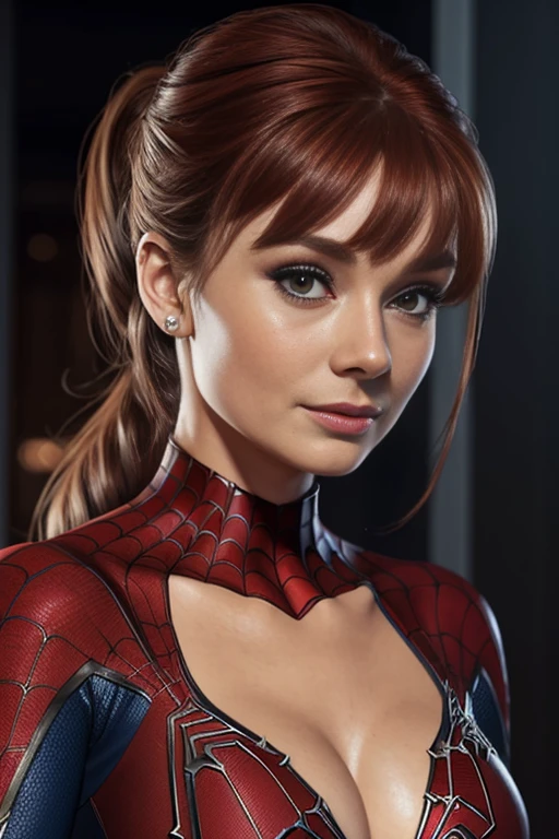 best qualtiy,GameCG,1girll,tmasterpiece,best qualtiy,8K,detailed skin textures,Detailed cloth texture,beautifull detailed face,Complicated details,the ultra-detailed,Audrey Hepburn,spiderman uniform,Straight red hair,(A half body:1.2),cleavage