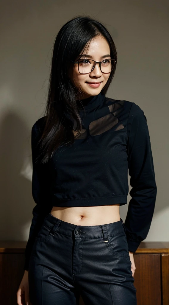 smiling woman with black glasses and a blue shirt and pants posing for a picture, this person does not exist, xision wu-li zhang-li zhuoxin ye-christy ren-lei min-xue han-zhelong xu-li zixin-pengzhen zhang-louise zhang-katherine lam merged, entire body visible, short, diminutive, nerd, geek, shy expressions