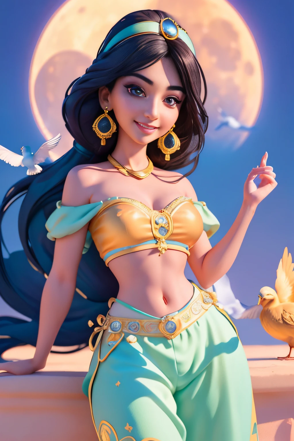 jasmine  1girl, solo, looking at viewer, smile, shirt, bare shoulders, jewelry, sitting, full body, flower, earrings, pants, off shoulder, crop top, makeup, bird, border, moon, full moon, off-shoulder shirt (realistic:1.2), (realism), (masterpiece:1.2), (best quality), (ultra detailed), (8k, 4k, intricate),(full-body-shot:1), (85mm),light particles, lighting, (highly detailed:1.2),(detailed face:1.2), (gradients), sfw, colorful,(detailed eyes:1.2)(detailed background),detailed landscape, (dynamic angle:1.2), (dynamic pose:1.2), (rule of third_composition:1.3), (Line of action:1.2)