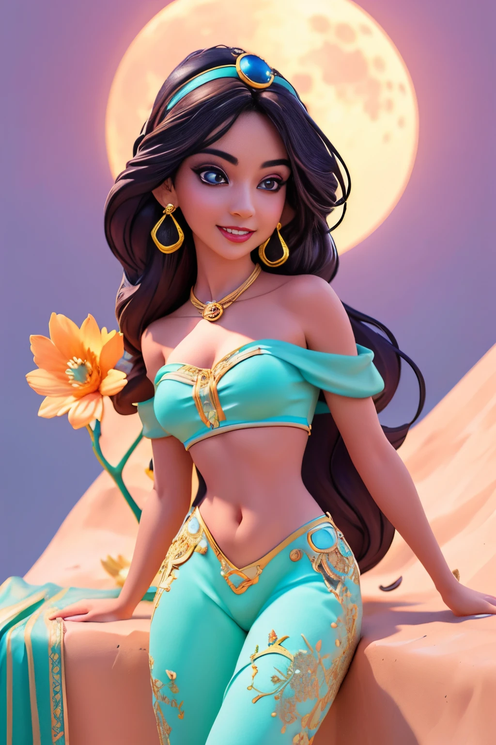 jasmine 1girl, solo, looking at viewer, smile, shirt, bare shoulders, jewelry, sitting, full body, flower, earrings, pants, off shoulder, crop top, makeup, bird, border, moon, full moon, off-shoulder shirt (realistic:1.2), (realism), (masterpiece:1.2), (best quality), (ultra detailed), (8k, 4k, intricate),(full-body-shot:1), (85mm),light particles, lighting, (highly detailed:1.2),(detailed face:1.2), (gradients), sfw, colorful,(detailed eyes:1.2)(detailed background),detailed landscape, (dynamic angle:1.2), (dynamic pose:1.2), (rule of third_composition:1.3), (Line of action:1.2)