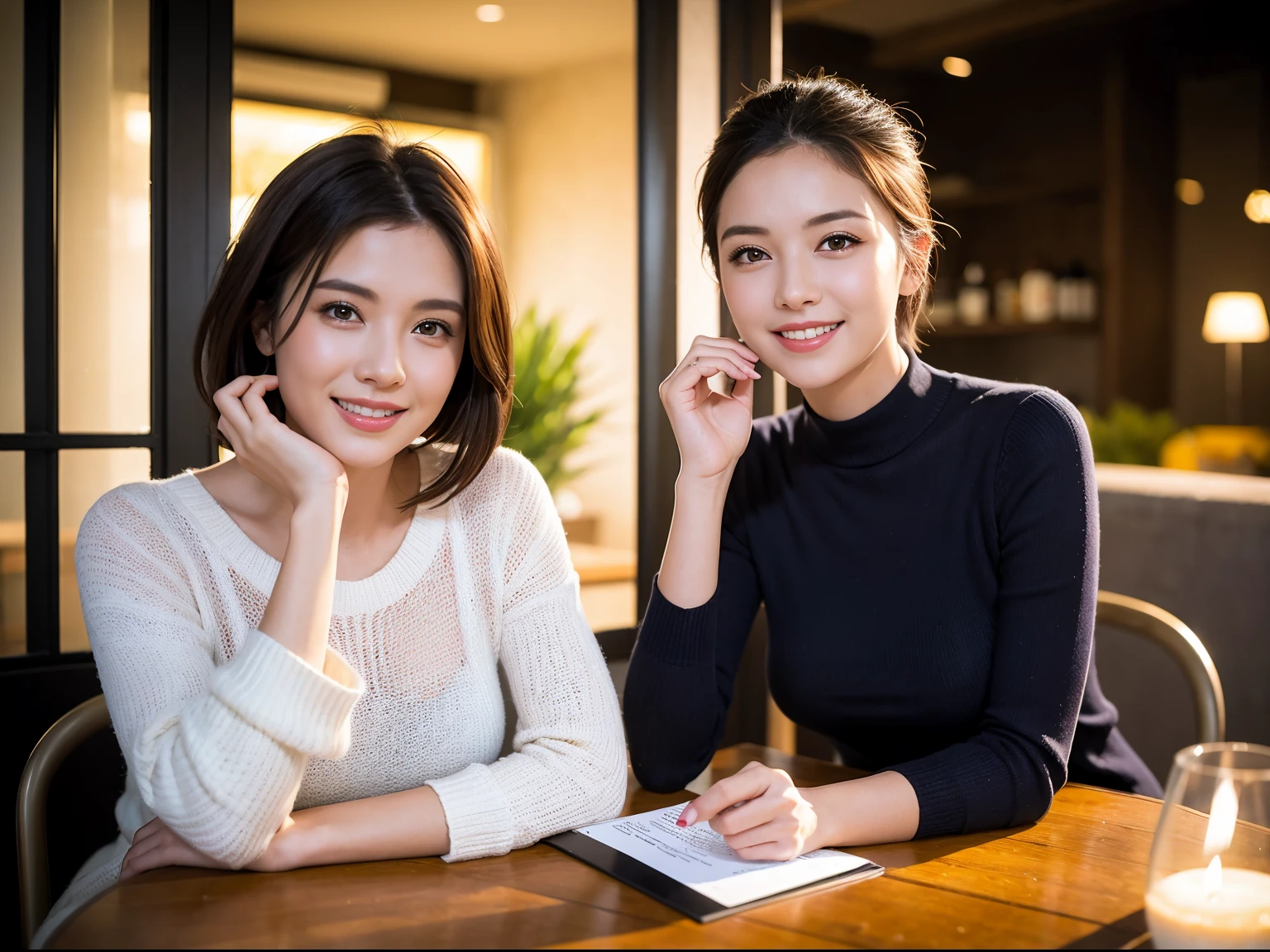 ((Highest quality、8k、masterpiece:1.3))、Shortcuts、cute、slimカップル、modelカップル、actress男優、(Realistic, Intricate details:1.2), full-course dinner、wine 、Amazing view of the sunset sky and clouds、A bright smile、short hair,Bright Face、 (45 years old), 42 years old, 赤wine 、Appetizers、Italian food、wine bottle、Champagne、スパークリングwine、Two beauties、Brown Hair、Shortcuts、Long sleeve shirt、dress、Beautiful woman 1, (slimな顔), (The body is slim), (Brown Hair), (Shortcuts), cheeks turn a little red,Attractive beauty、restaurant, In a prominent place (From the waist up) Nova Frog Style, actress, model, Upper Body, 白wine, slim, wineグラス, 中央に置かれたwineグラス, smile, (smile: 1.15), Beautiful fine grain, Depth f/2,saturation, High Contrast, Strong light and shadow,Moist Body:1.5、3D texture、Delicate eyes、Brown Hair、The hair is very shiny、