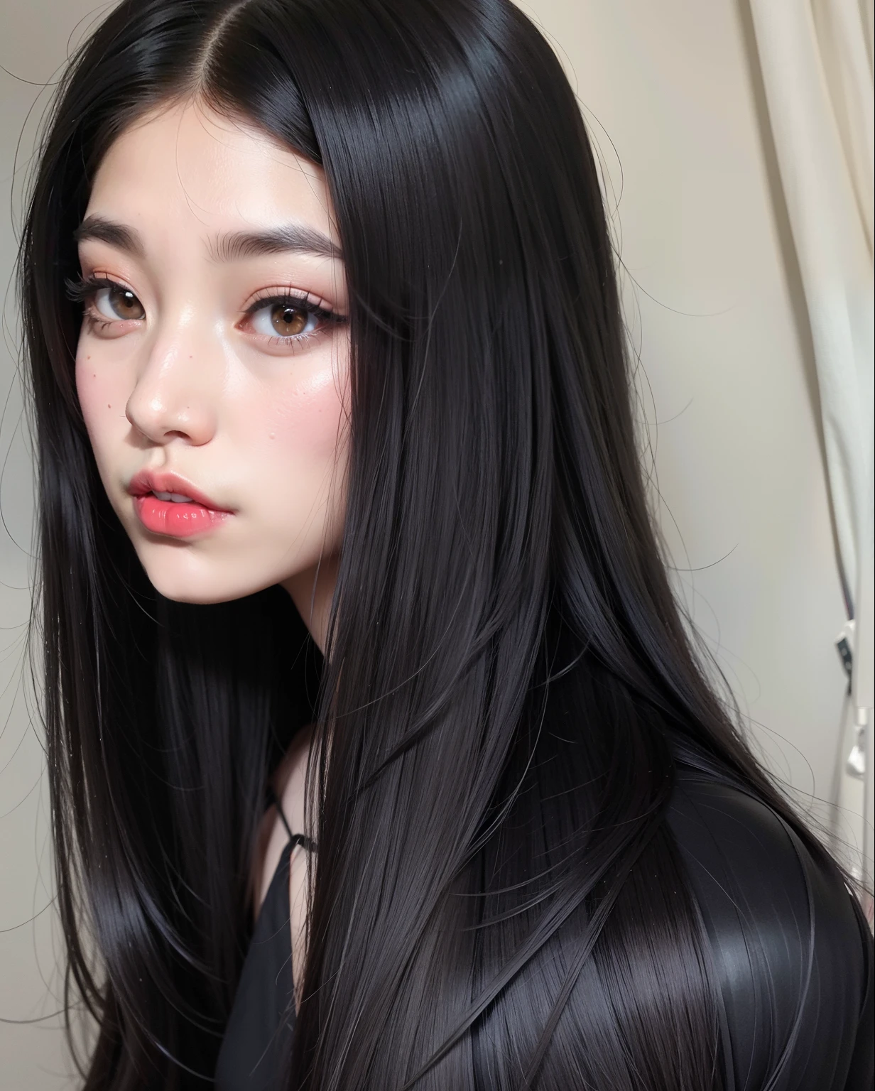 A close-up of a woman with long black hair and red lipstick, Cabello negro Hime cortado, Peinado blanco de corte hime, El Corte Hime, cruel korean goth girl, con cabello negro lacio, Sui Ishida con cabello negro, con cabello largo y oscuro, con el pelo largo, con cabello largo y negro, Peinado liso, Estilo de Junji Ito, pale goth beauty, Shikamimi
