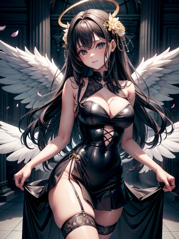 (8K ,hyper-detailing,ultra real photo,Best masterpiece,natural,Perfect artwork,Perfect female body),Cute busty girl ,Hair color,(The large),Angelic,obsessed,the angel's wings,The halo,Beautiful church,beautiful rain of petals,Gorgeous accessories,golden brilliance,Wearing a sexy black gauze skirt,Sexy transparent black dress,ssee-throuuilt-in thong,The cracks are relatively large,stretch the meat,Raised sexy,Flirtatious,The kinky exposed