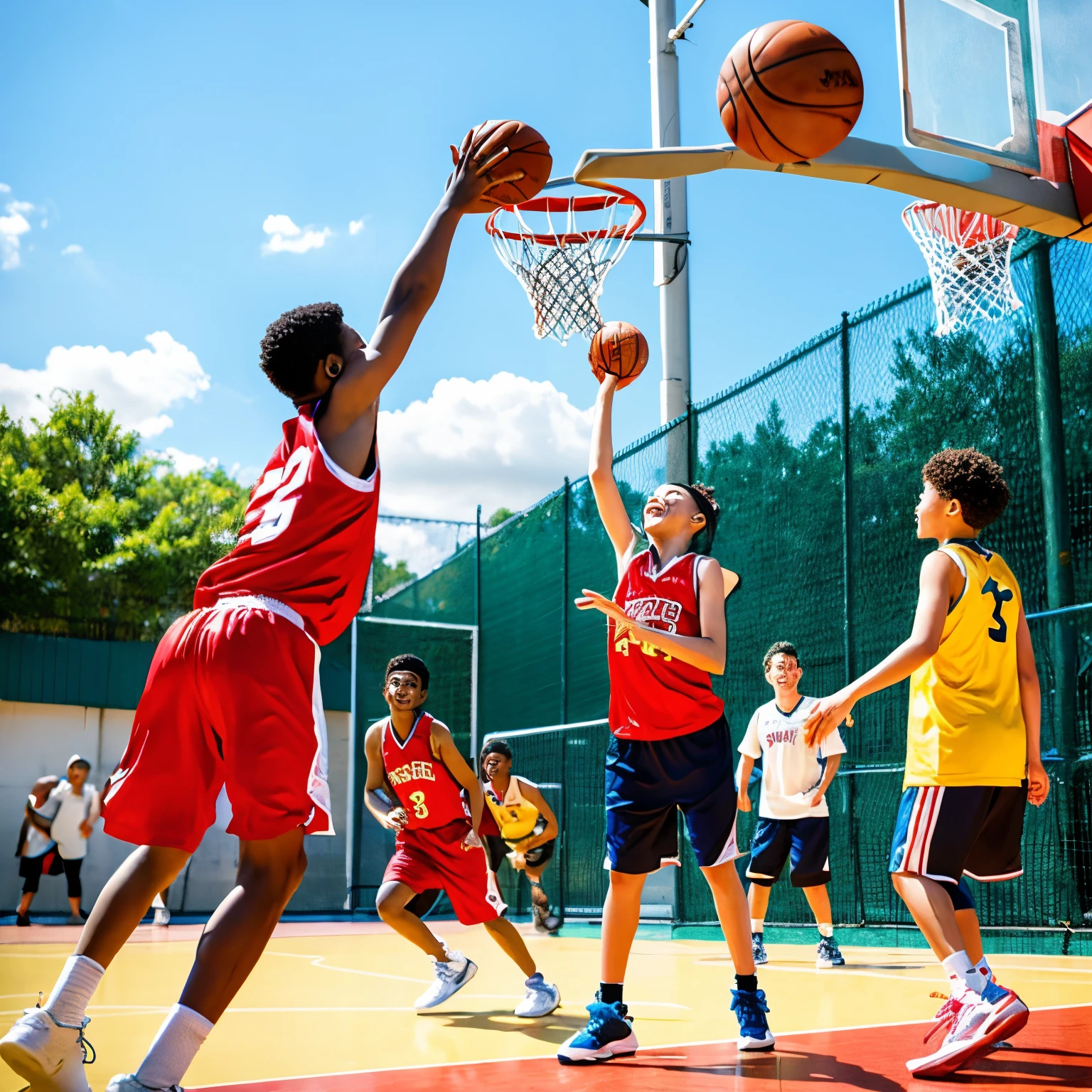 Cartoon of many boys and girls happily playing basketball