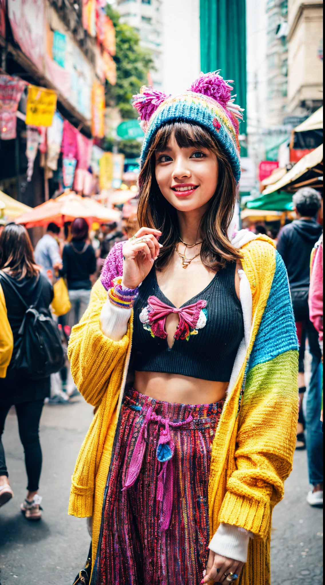 (Ultra-detailed eyes), (((textile shading))), (((Best Quality))), (((masterpiece))), (((Ultra-detailed CG))), sassy girl, (((magical little girl))), (Petite), (tiny chest), black hair without bangresh and cute hairstyles, gorgeous hair)), Fresh Colorful Fashion Feast, Fresh Colorful Fashion Feast outfit, vibrant Fresh Colorful Fashion Feast scene, Fresh Colorful Fashion Feast, Fresh Colorful Fashion Feast ambiance, Fresh Colorful Fashion Feast at street:0.2 Fresh Colorful Fashion Feast image of a women Fresh Colorful Fashion Feast outfit, immersed in the vibrant atmosphere of a street. His attire reflects the fashion trends of the Fresh Colorful Fashion Feast. The Fresh Colorful Fashion Feast street scene alive with pulsating lights, a lively colorful street, The Fresh Colorful Fashion Feast ambiance transports viewers back to the Fresh and Colorful era, capturing the spirit of fresh and colorful, and self-expression that defined the Fresh Colorful Fashion Feast culture. fashion game was on point, showcasing a delightful touch of vintage by combining an Alanui graphmbroidered hoodie with kobbit ear-flap knitted hat.