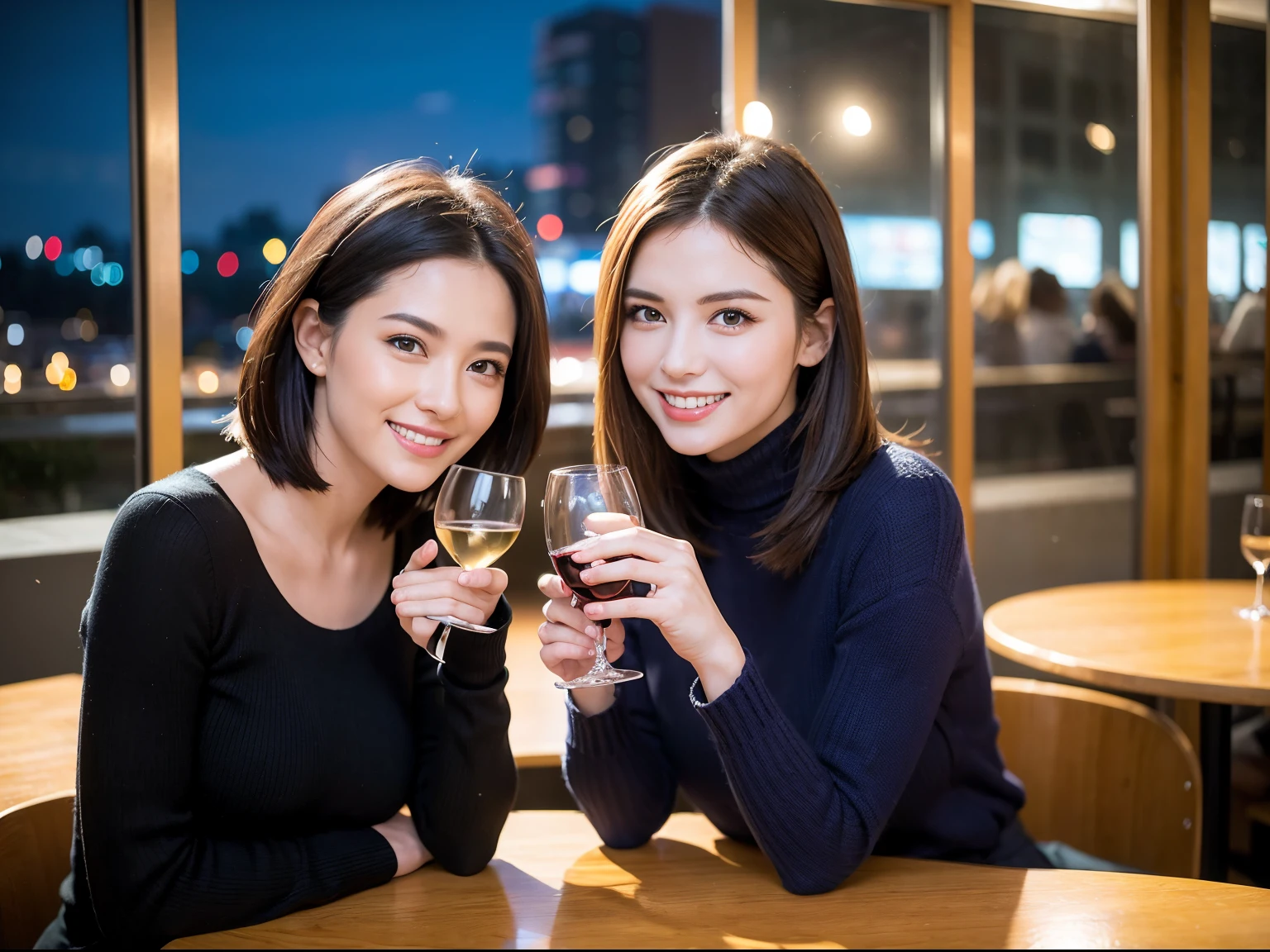 (64k uhd、nffsw、top-quality、masterpiece:1.2)、(realisitic、Photorealsitic:1.37)、ultra-detailliert、wine glasses、enjoying a glass of wine、a matural female、Two beautiful women、(Slim Faces)、(Slim body)、(brawn hair)、(short-cut)、smiling french woman、happy italian girl、British woman、Americana、blush a little on the cheeks、(38 years)、42 year old、red wine、A beautiful and detailed night view spreads out outside the window..、resturant、Wine glasses in a prominent place、natta、(from waist up)、sitting on、date、(A smile:1.15)、Beautiful detailed eyes、Cashmere sweater、long-sleeved dresses、japanes、(short-hair:1.2)、Float NovaFrogStyle、、modeled、from waist up、white wine、Slimed、wine glasses、Super beautiful night view、Put the wine glass in the middle、Happy smile、(8K、Raw photography、top-quality、masterpiece:1.2)、(realisitic、Photorealsitic:1.37)、ultra-detailliert、超A high resolution、2 females、see the beholder、beautifull detailed face、A smile、Constriction、(Slim waist) :1.3)、knit shirt、Beautiful detailed skin、Skin Texture、floated hair、professional light needle breast、eyes gentle