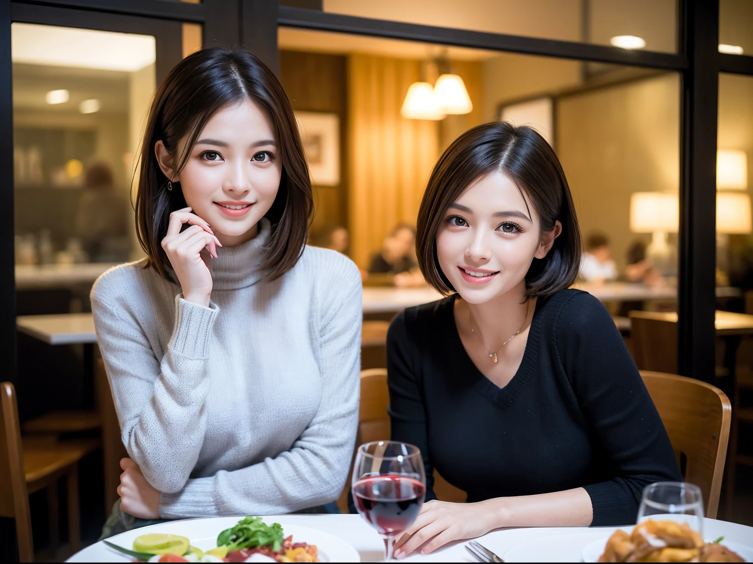 (64k uhd、nffsw、top-quality、masterpiece:1.2)、(realisitic、Photorealsitic:1.37)、ultra-detailliert、wine glasses、enjoying a glass of wine、a matural female、Two beautiful women、(Slim Faces)、(Slim body)、(brawn hair)、(short-cut)、smiling french woman、happy italian girl、British woman、Americana、blush a little on the cheeks、(38 years)、42 year old、red wine、A beautiful and detailed night view spreads out outside the window..、resturant、Wine glasses in a prominent place、natta、(from waist up)、sitting on、date、(A smile:1.15)、Beautiful detailed eyes、Cashmere sweater、long-sleeved dresses、japanes、(short-hair:1.2)、Float NovaFrogStyle、、modeled、from waist up、white wine、Slimed、wine glasses、Super beautiful night view、Put the wine glass in the middle、Happy smile、(8K、Raw photography、top-quality、masterpiece:1.2)、(realisitic、Photorealsitic:1.37)、ultra-detailliert、超A high resolution、2 females、see the beholder、beautifull detailed face、A smile、Constriction、(Slim waist) :1.3)、knit shirt、Beautiful detailed skin、Skin Texture、floated hair、professional light needle breast、eyes gentle
