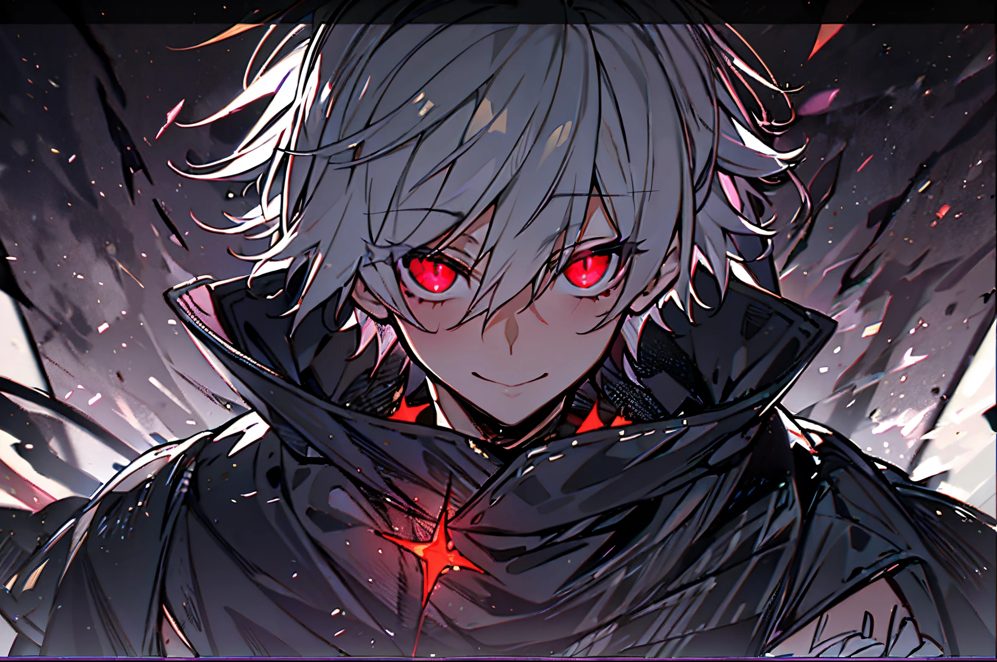 ((One Person)),Anime boy with white hair and red eyes staring at camera, Glowing red eyes,slim, dressed in a black outfit,monochromes,hair messy,Bad smile,Diagonal angle,