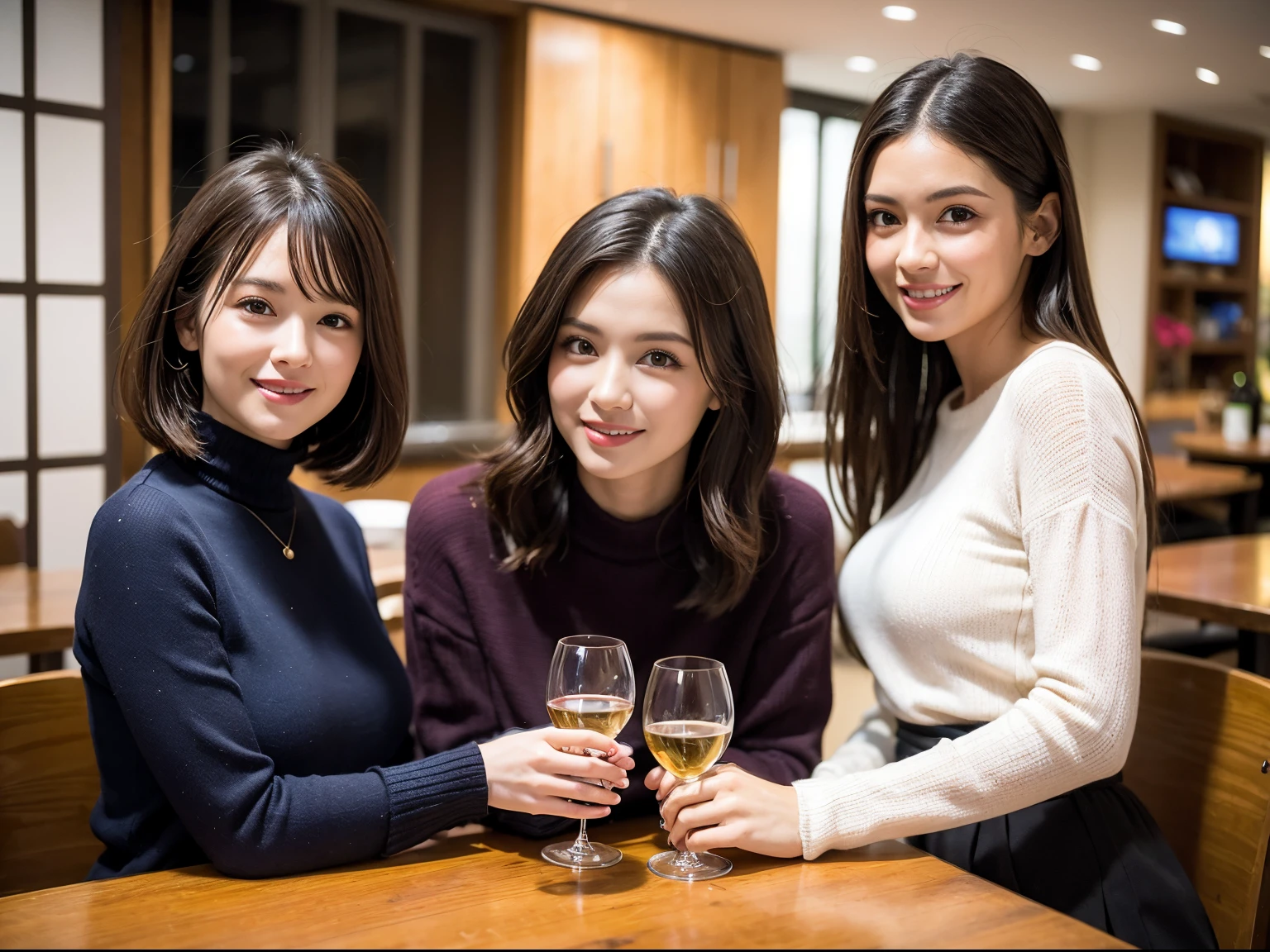 (64k uhd、nffsw、top-quality、masterpiece:1.2)、(realisitic、Photorealsitic:1.37)、ultra-detailliert、wine glasses、enjoying a glass of wine、a matural female、Two beautiful women、(Slim Faces)、(Slim body)、(brawn hair)、(short-cut)、smiling french woman、happy italian girl、British woman、fun american、blush a little on the cheeks、(38 years)、40 years、red wine、A beautiful and detailed night view spreads out outside the window...、resturant、Wine glasses in a prominent place、natta、(from waist up)、sitting on、date、(A smile:1.15)、Beautiful detailed eyes、Cashmere sweater、long-sleeved dresses、japanes、(short-hair:1.2)、Float NovaFrogStyle、、modeled、from waist up、white wine、Slimed、wine glasses、Super beautiful night view、Put the wine glass in the middle、Happy smile、(8K、Raw photography、top-quality、masterpiece:1.2)、(realisitic、Photorealsitic:1.37)、ultra-detailliert、超A high resolution、2 females、see the beholder、beautifull detailed face、A smile、Constriction、(Slim waist) :1.3)、knit shirt、Beautiful detailed skin、Skin Texture、floated hair、professional light needle breast、eyes gentle