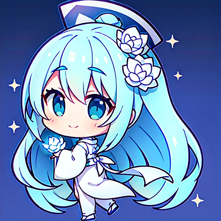 the sideview,White long hanfu full body, 1个Giant Breast Girl, whaite hair,Cyan eyes, ssmile,Holding white lotus in hand
