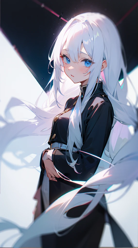 Girl. White hair. Blue eyes. Long hair.
