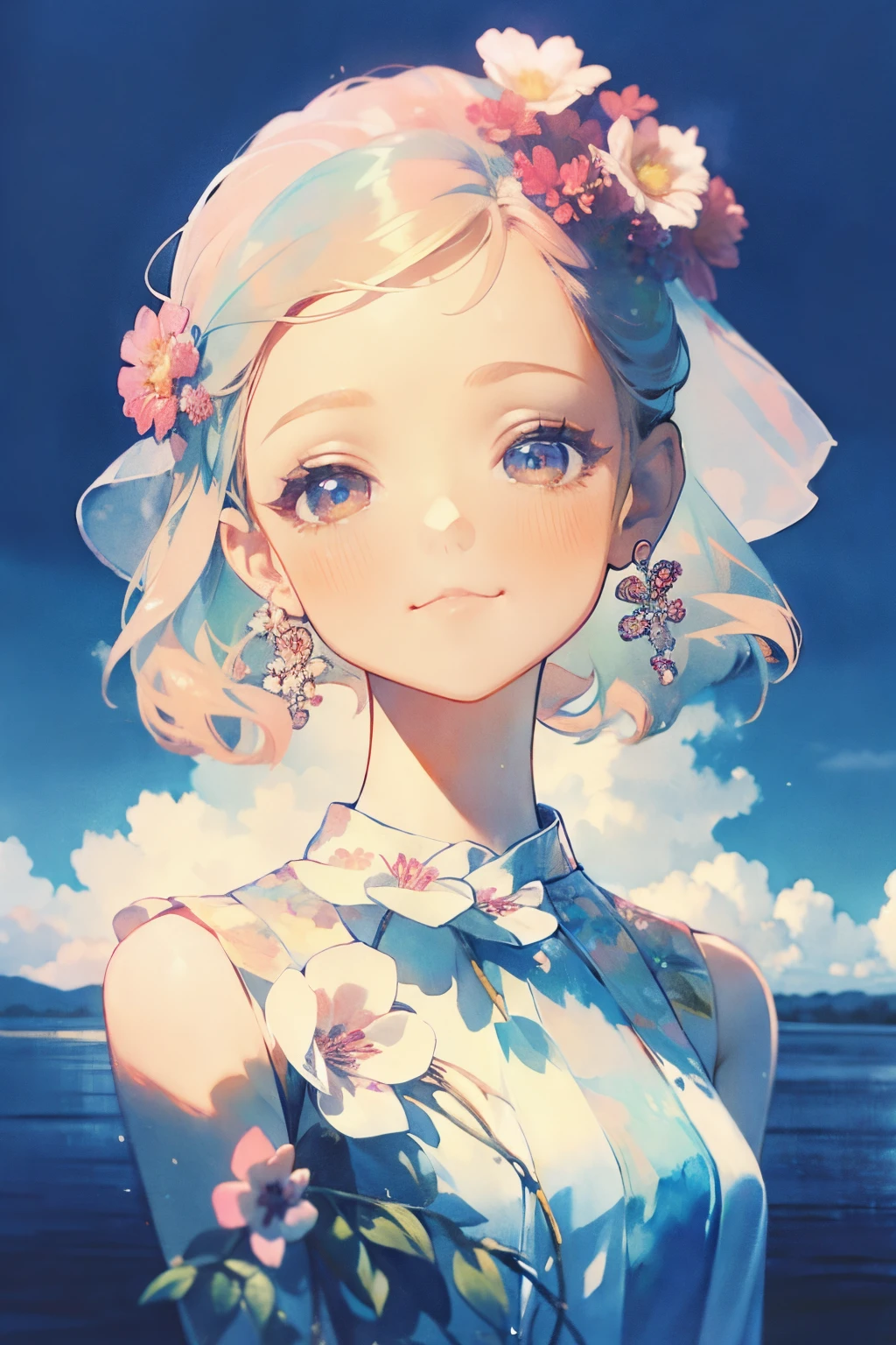 photoRealstic、Nendroids in wedding dress standing in front of the painting、A smile、kawaii pose、watercolor Nendoroid、(High Definition Figure)、Flowing iridescent silk、up of face、Eye Up、heart mark、Floral dress、There is also a flower in front of the petal below the Nendoroid.......、season!!: 夏天☀ 🍂、((A wonderful painting with super multiple exposure where you can see the background through the clothes))