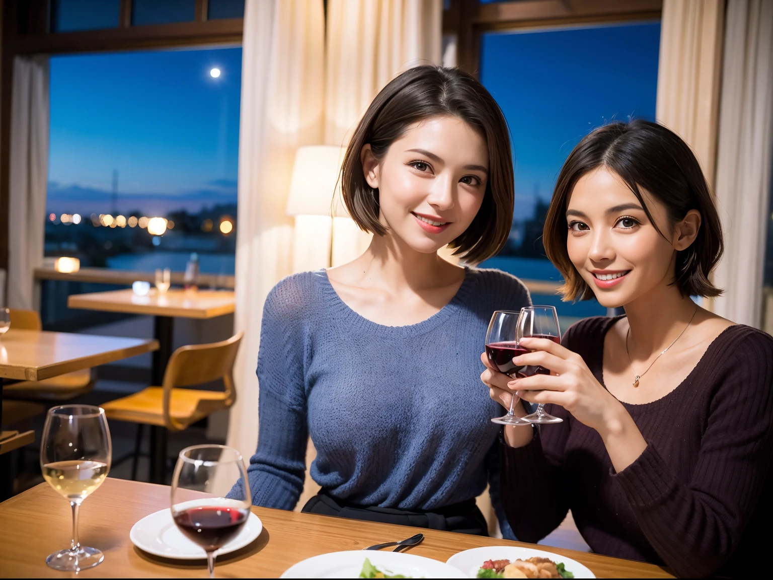 (64k uhd、nffsw、top-quality、masterpiece:1.2)、(realisitic、Photorealsitic:1.37)、ultra-detailliert、wine glasses、enjoying a glass of wine、a matural female、Two beautiful women、(Slim Faces)、(Slim body)、(brawn hair)、(short-cut)、Latino、smiling french woman、happy italian girl、British woman、fun american、blush a little on the cheeks、(38 years)、42 year old、red wine、A beautiful and detailed night view spreads out outside the window........、resturant、Wine glasses in a prominent place、natta、(from waist up)、sitting on、date、(A smile:1.15)、Beautiful detailed eyes、Cashmere sweater、long-sleeved dresses、japanes、(short-hair:1.2)、Float NovaFrogStyle、、modeled、from waist up、white wine、Slimed、wine glasses、Super beautiful night view、Put the wine glass in the middle、Happy smile、(8K、Raw photography、top-quality、masterpiece:1.2)、(realisitic、Photorealsitic:1.37)、ultra-detailliert、超A high resolution、2 females、see the beholder、beautifull detailed face、A smile、Constriction、(Slim waist) :1.3)、knit shirt、Beautiful detailed skin、Skin Texture、floated hair、professional light needle breast、eyes gentle