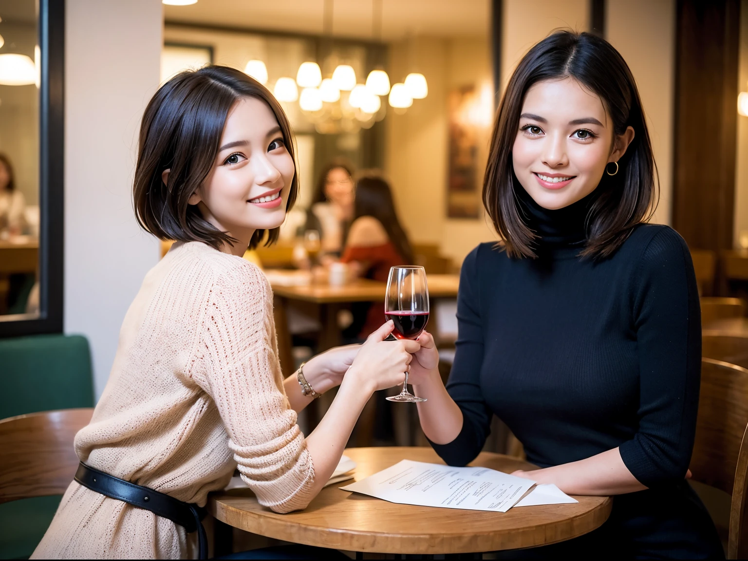 (64k uhd、nffsw、top-quality、​masterpiece:1.2)、(realisitic、Photorealsitic:1.37)、ultra-detailliert、wine glasses、enjoying a glass of wine、a matural female、Two beautiful women、(Slim Faces)、(Slim body)、（brawn hair）、(short-cut)、Latino、smiling french woman、happy italian girl、British woman、fun american、blush a little on the cheeks、(38 years)、42 year old、red wine、A beautiful and detailed night view spreads out outside the window........、resturant、Wine glasses in a prominent place、natta、(from waist up)、sitting on、date、(A smile:1.15)、Beautiful detailed eyes、Cashmere sweater、long-sleeved dresses、japanes、(short-hair:1.2)、Float NovaFrogStyle、、modeled、from waist up、white wine、Slimed、wine glasses、Super beautiful night view、Put the wine glass in the middle、Happy smile、(8K、Raw photography、top-quality、​masterpiece:1.2)、(realisitic、Photorealsitic:1.37)、ultra-detailliert、超A high resolution、2 females、see the beholder、beautifull detailed face、A smile、Constriction、(Slim waist) :1.3)、knit shirt、Beautiful detailed skin、Skin Texture、floated hair、professional light needle breast、eyes gentle