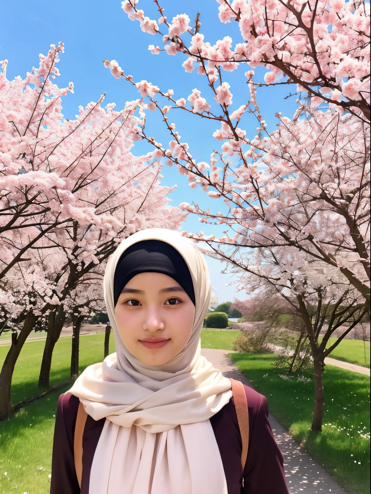 17years old, hijab, cherry trees in the background, cherry blossoms falling