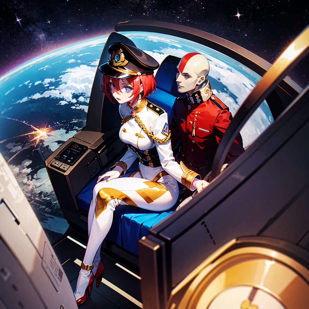 (((masterpiece)))、(((Top image quality)))、(((top-quality)))、(Illustration of one woman)、full bodyesbian、30-years old、(Viceroy)、((Red-haired shorthair))、(Thin hair hanging down both sides of the face)、Blue eyes、((Tall))、((Muscle Woman、stocky build、muscular legs、broad shoulders、solid chest))、((manspreading))、((Military uniforms))、((Military Cap))、((Military coat))、(white clothes)、(White pants)、(White cap)、trench coat、((Inside the spaceship、Sitting in the captain's seat))、(Outside the window、kosmos、Earth seen from space、Spaceport)