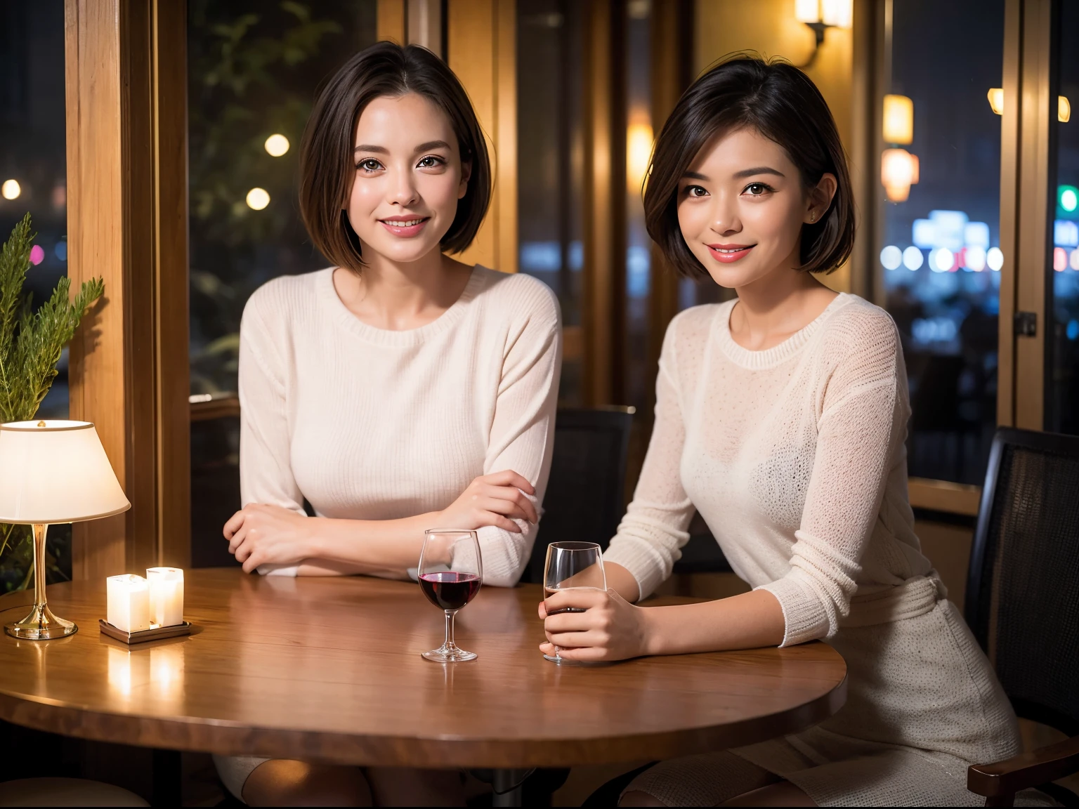 (64k uhd、nffsw、top-quality、​masterpiece:1.2)、(realisitic、Photorealsitic:1.37)、ultra-detailliert、wine glasses、enjoying a glass of wine、a matural female、Two beautiful women、(Slim Faces)、(Slim body)、（brawn hair）、(short-cut)、Latino、smiling french woman、happy italian girl、British woman、fun american、blush a little on the cheeks、(38 years)、42 year old、red wine、A beautiful and detailed night view spreads out outside the window........、resturant、Wine glasses in a prominent place、natta、(from waist up)、sitting on、date、(A smile:1.15)、Beautiful detailed eyes、Cashmere sweater、long-sleeved dresses、japanes、(short-hair:1.2)、Float NovaFrogStyle、、modeled、from waist up、white wine、Slimed、wine glasses、Super beautiful night view、Put the wine glass in the middle、Happy smile、(8K、Raw photography、top-quality、​masterpiece:1.2)、(realisitic、Photorealsitic:1.37)、ultra-detailliert、超A high resolution、2 females、see the beholder、beautifull detailed face、A smile、Constriction、(Slim waist) :1.3)、knit shirt、Beautiful detailed skin、Skin Texture、floated hair、professional light needle breast、eyes gentle