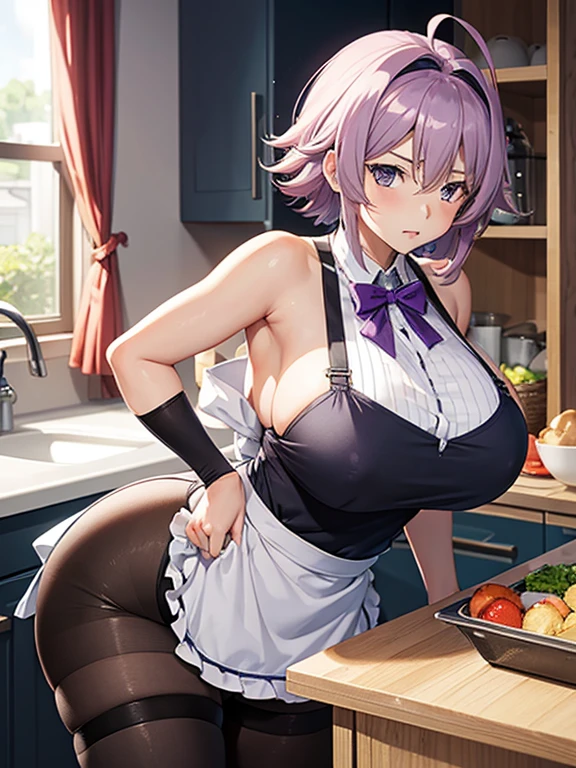 anime (Kampfer),  lady , sexy (very big boobs), actress (Mikoto Kondou) , gray short hair to shoulders length , purple eyes, stockings, tights, Wear an apron , multiple ahoge, twin ahoge, She cooks in the school kitchen