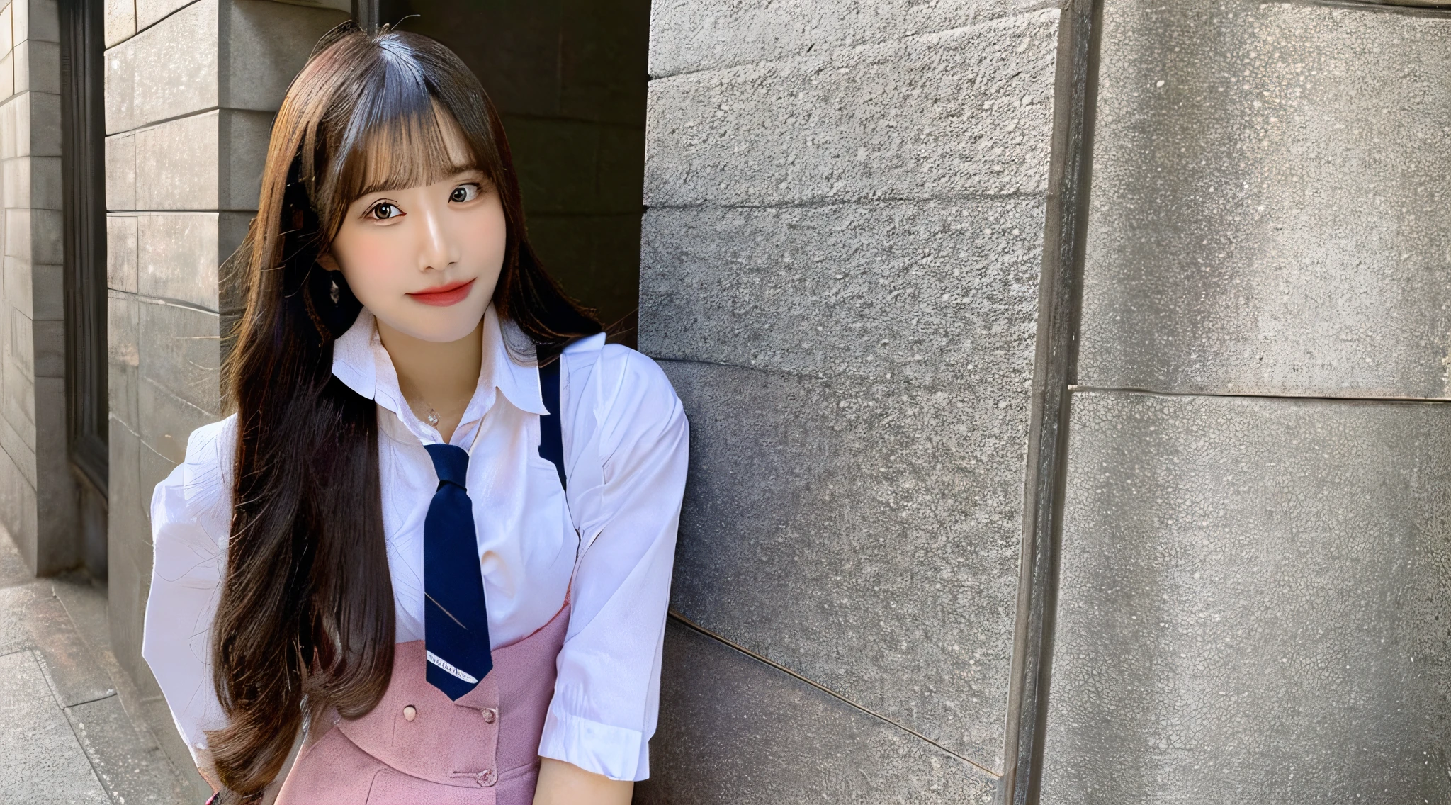 Cute high school girl 18 years old wearing a pink miniskirt