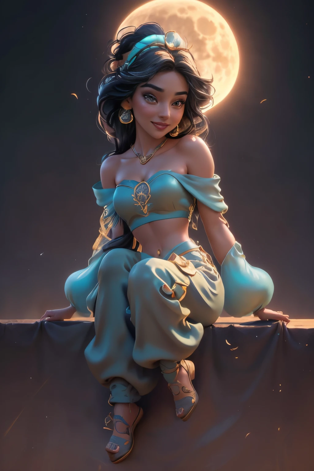 jasmine  1girl, solo, looking at viewer, smile, shirt, bare shoulders, jewelry, sitting, full body, flower, earrings, pants, off shoulder, crop top, makeup, bird, border, moon, full moon, off-shoulder shirt (realistic:1.2), (realism), (masterpiece:1.2), (best quality), (ultra detailed), (8k, 4k, intricate),(full-body-shot:1), (85mm),light particles, lighting, (highly detailed:1.2),(detailed face:1.2), (gradients), sfw, colorful,(detailed eyes:1.2)(detailed background),detailed landscape, (dynamic angle:1.2), (dynamic pose:1.2), (rule of third_composition:1.3), (Line of action:1.2)