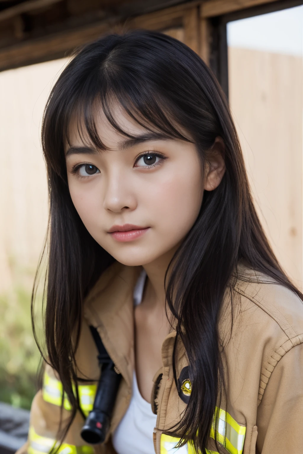 ((firefighter、Extinguish the fire:1.2))、(realisitic、Photorealsitic、ultra-detailliert、Highest Details Skins、top-quality、masterpiece、超A high resolution)、Cute Japan Woman、sixteen years old、hi-school girl、younggirl、Thin makeup、no-makeup、1 girl in、I have bangs、二重まぶた、drooing eyes、Japanese style face、Rustic face、View here、Realistic skin type