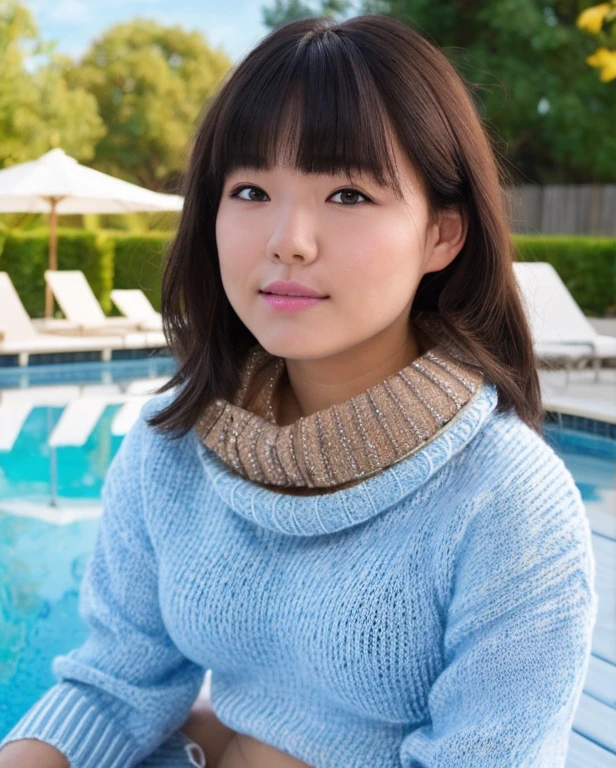 best quality, photorealistic, 8k, high res, 1girl, woman, (skindentation), (portrait:0.6), gorgeous, ((poolsidebackground:1.8)), ((smallsize round breast, highnecksweater:1.85)), straight-looking at viewer:1.8, (1girl eyes looking at viewer, medium-length hair,  brownhair, partedbangs:1.65), photorealistic, (bokeh), (closed mouth:1.46), gorgeous, pureerosface_v1,