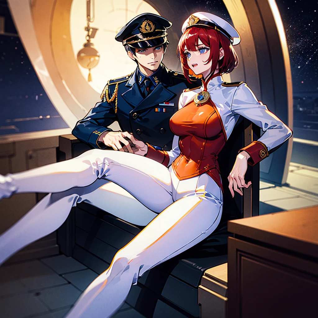 (((masterpiece)))、(((Top image quality)))、(((top-quality)))、(Illustration of one woman)、full bodyesbian、30-years old、(Viceroy)、((Red-haired shorthair))、(Thin hair hanging down both sides of the face)、Blue eyes、((Tall))、((Muscle Woman、stocky build、muscular legs、broad shoulders、solid chest))、((manspreading))、((Military uniforms))、((Military Cap))、((Military coat))、(white clothes)、(White pants)、(White cap)、trench coat、((Inside the spaceship、Sitting in the captain's seat))、(Outside the window、kosmos、Earth seen from space、Spaceport)