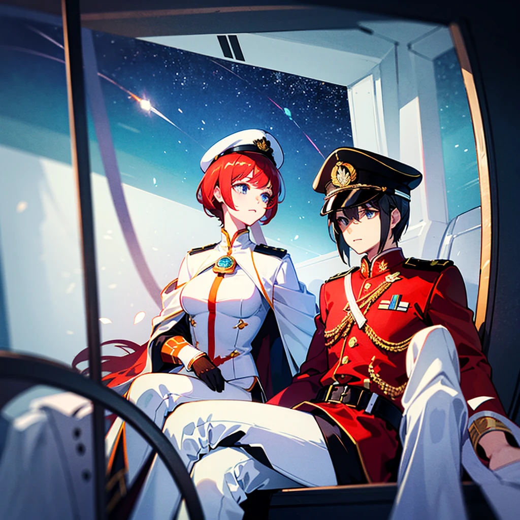 （（（​masterpiece）））、（（（Top image quality）））、（（（top-quality）））、（Illustration of one woman）、full bodyesbian、30-years old、（Viceroy）、（（Red-haired shorthair））、（Thin hair hanging down both sides of the face）、Blue eyes、（（Tall））、（（Muscle Woman、stocky build、muscular legs、broad shoulders、solid chest））、（（manspreading））、（（Military uniforms））、（（Military Cap））、（（Military coat））、（white  clothes）、（White pants）、（White cap）、trench coat、（（Inside the spaceship、Sitting in the captain's seat））、（Outside the window、kosmos、Earth seen from space、Spaceport）