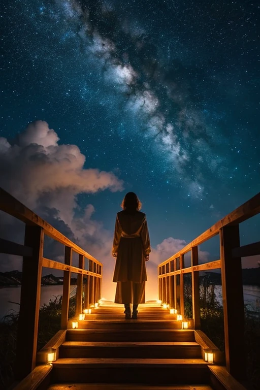Praise of the mysterious cloud staircase leading to heaven and the light of God shining from heaven in the night sky - A woman stands in admiration in front of the spiritually beautiful night sky