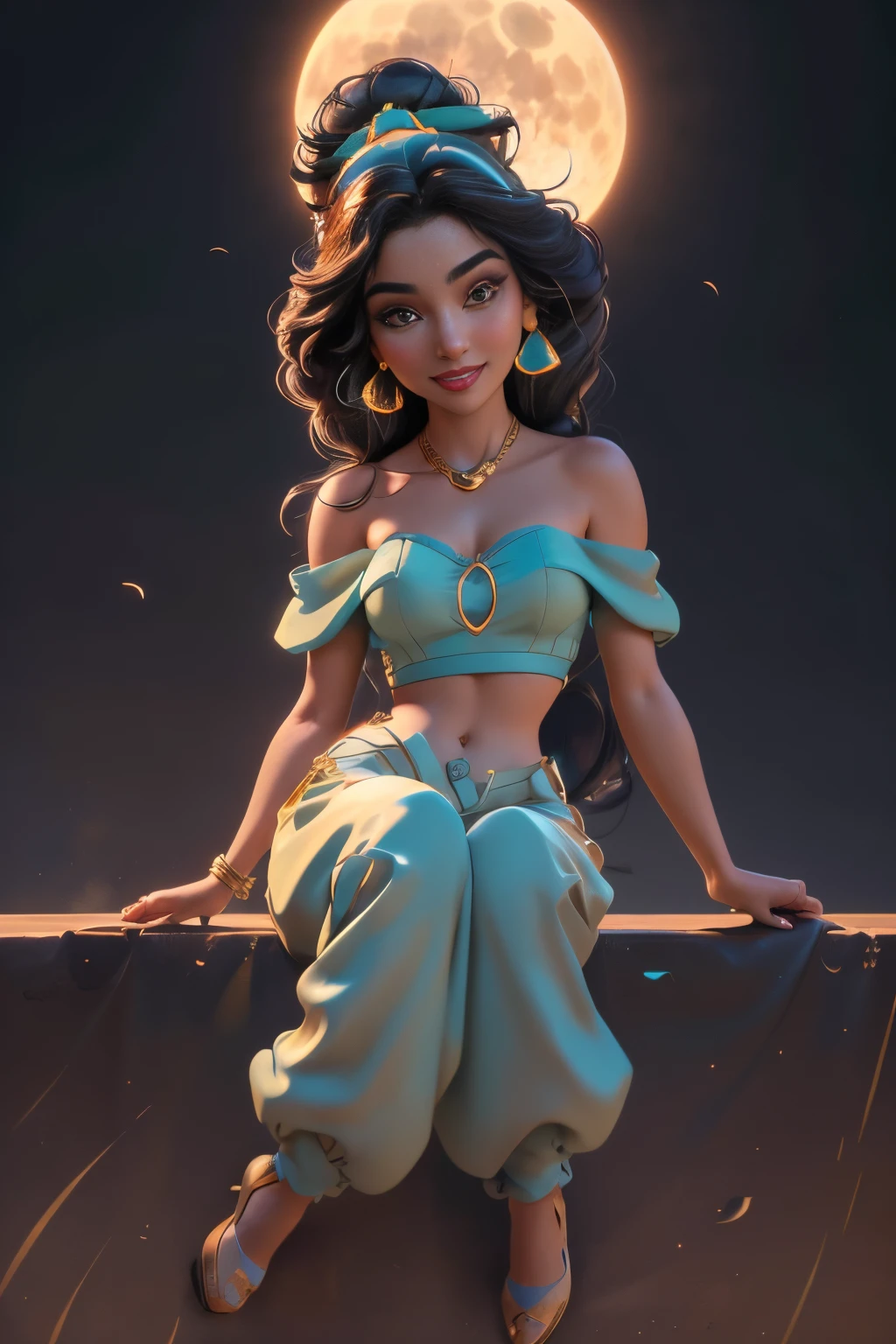 jasmine  1girl, solo, looking at viewer, smile, shirt, bare shoulders, jewelry, sitting, full body, flower, earrings, pants, off shoulder, crop top, makeup, bird, border, moon, full moon, off-shoulder shirt (realistic:1.2), (realism), (masterpiece:1.2), (best quality), (ultra detailed), (8k, 4k, intricate),(full-body-shot:1), (85mm),light particles, lighting, (highly detailed:1.2),(detailed face:1.2), (gradients), sfw, colorful,(detailed eyes:1.2)(detailed background),detailed landscape, (dynamic angle:1.2), (dynamic pose:1.2), (rule of third_composition:1.3), (Line of action:1.2)