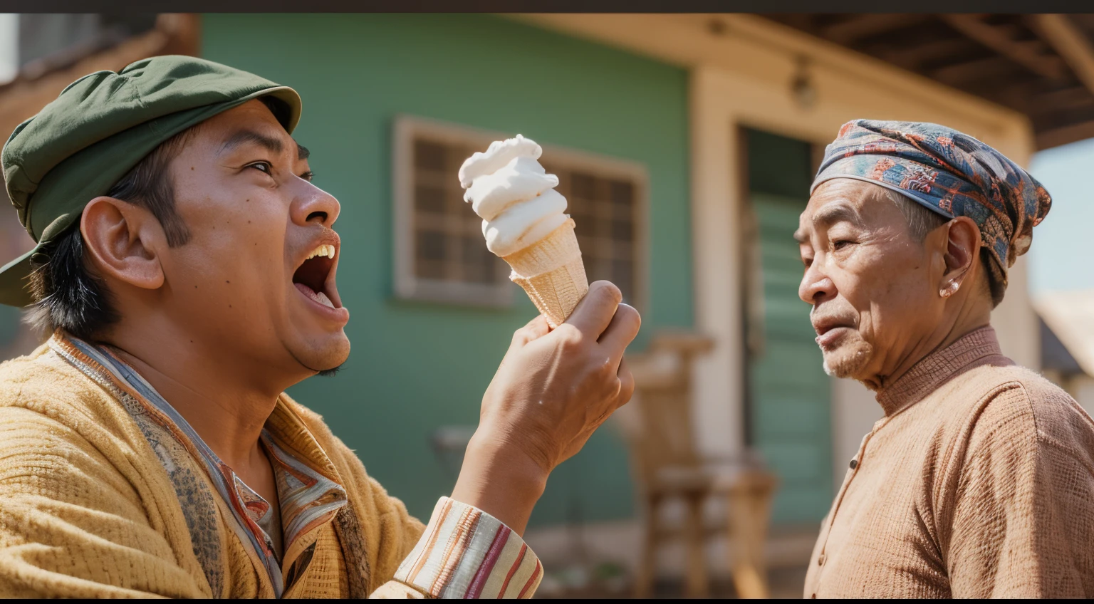 a film still of 1 young malay man and 1 malay old man in traditional attire having an argument in malay village, shouting and cursing, angry at each other, holding melting ice cream, 35mm, over-the-shoulder shot,cool-toned color grading, depth of field cinematography effect, Natural Lighting, high quality, ultra detail, 8k resolution, in the style of Amelie Poulain directed by Jean-Pierre Jeunet , low saturation, 28mm lens, Establishing shot, High Contrast cinematography effect, Natural Lighting, Desaturate color grading, high quality, ultra detail, 8k resolution,