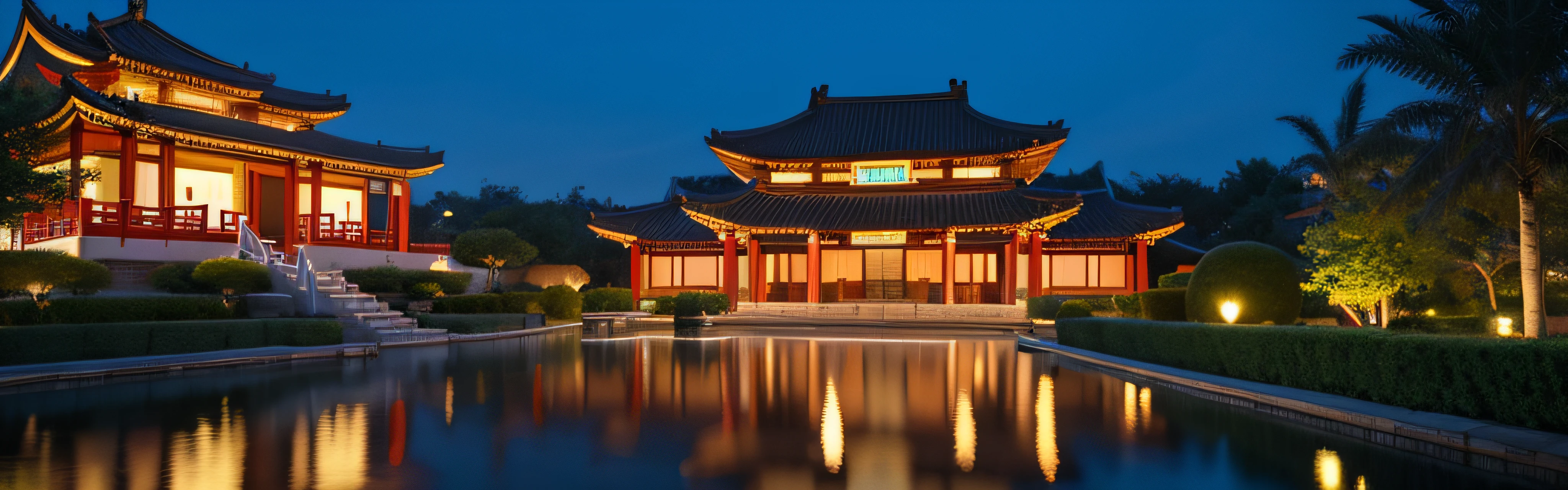 New Chinese style building,Look up at the perspective,nighttime scene,lamplight,For the first time。Shiny,The combination of East and West,Resort hotels