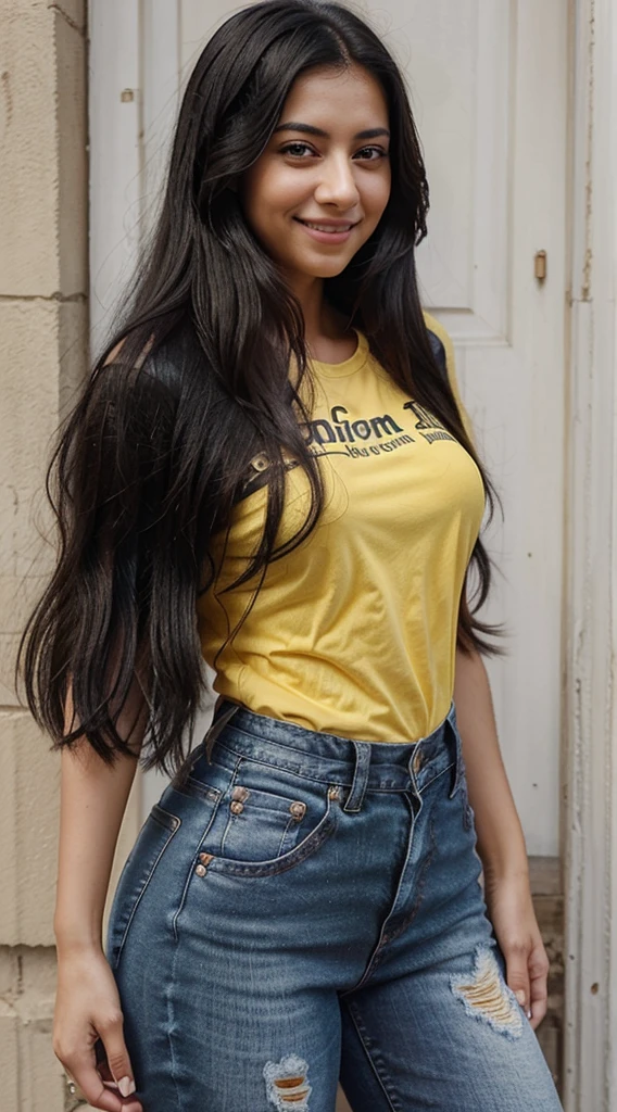 smiling woman with long black hair and a yellow shirt with jeans, this person does not exist, with no facial features, alanis guillen-rakul preet singh-kelly clarkson merged, young latin woman in her 20s, without makeup, smiling and looking directly, half onesided smile, taken in the 2000s, entire body visible