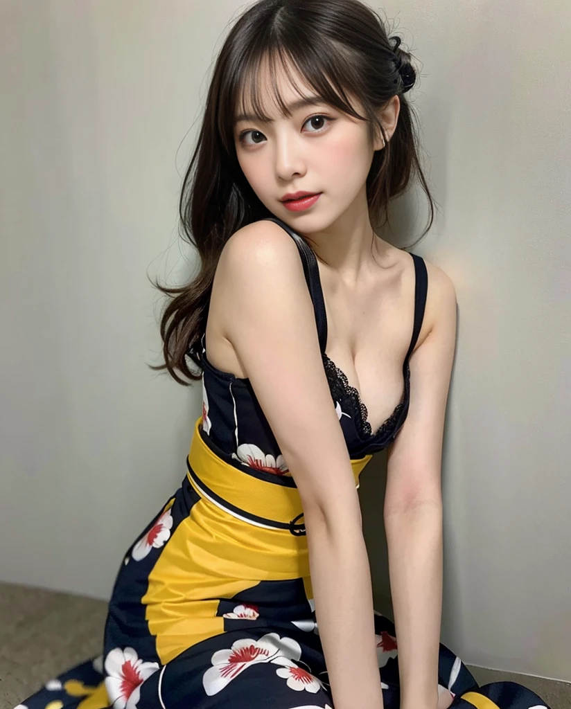 masutepiece, Yukata、amarelo、Best Quality, finely detail, hight resolution, 8K Wallpaper,Medium Hair,Natural Color Lip、20 years girl、Cute、C Cup、Brown hair